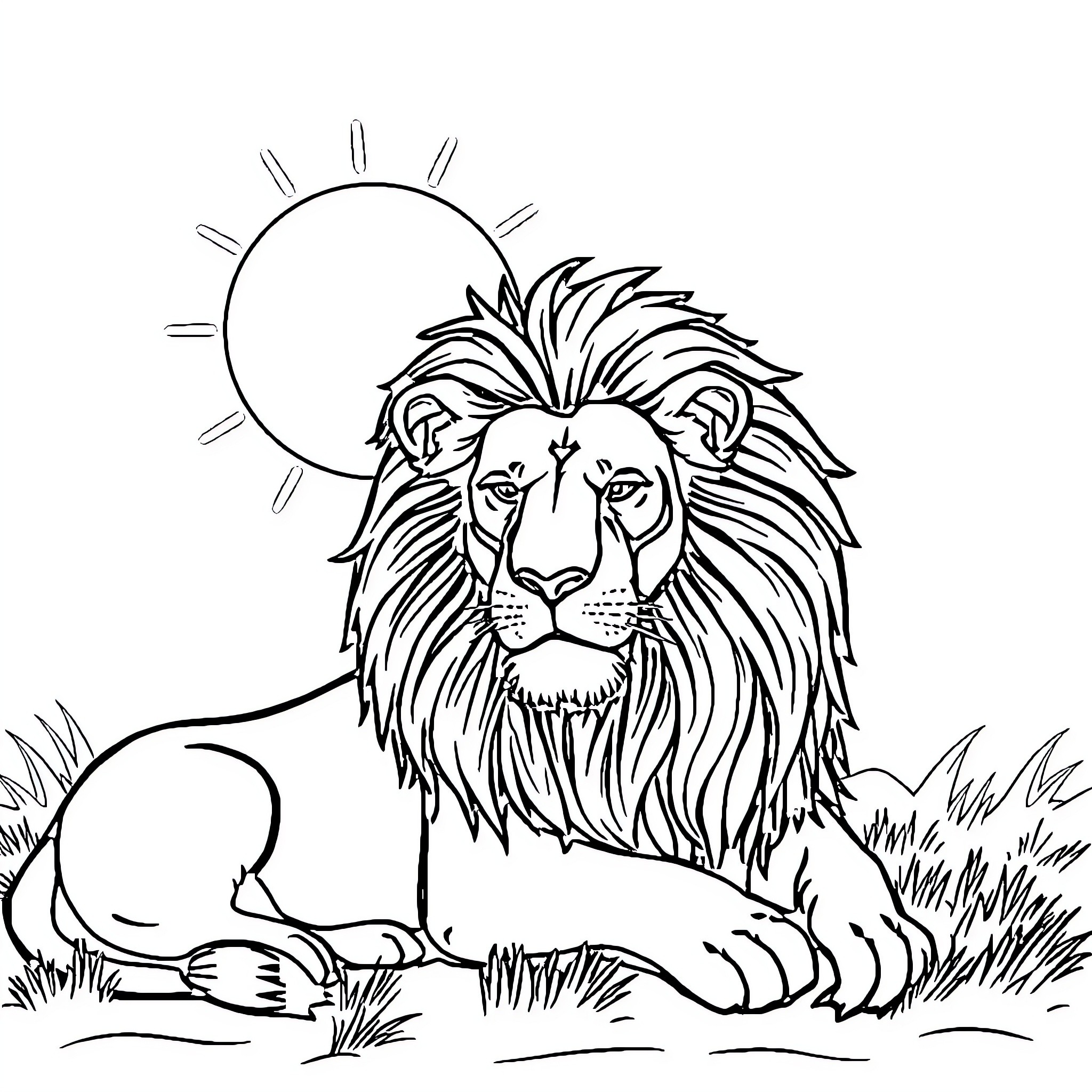 Lion resting in the sun Coloring Page (free black-and-white line drawing printable PDF for all, from beginners to advanced learners, including children, teens, adults, and seniors)
