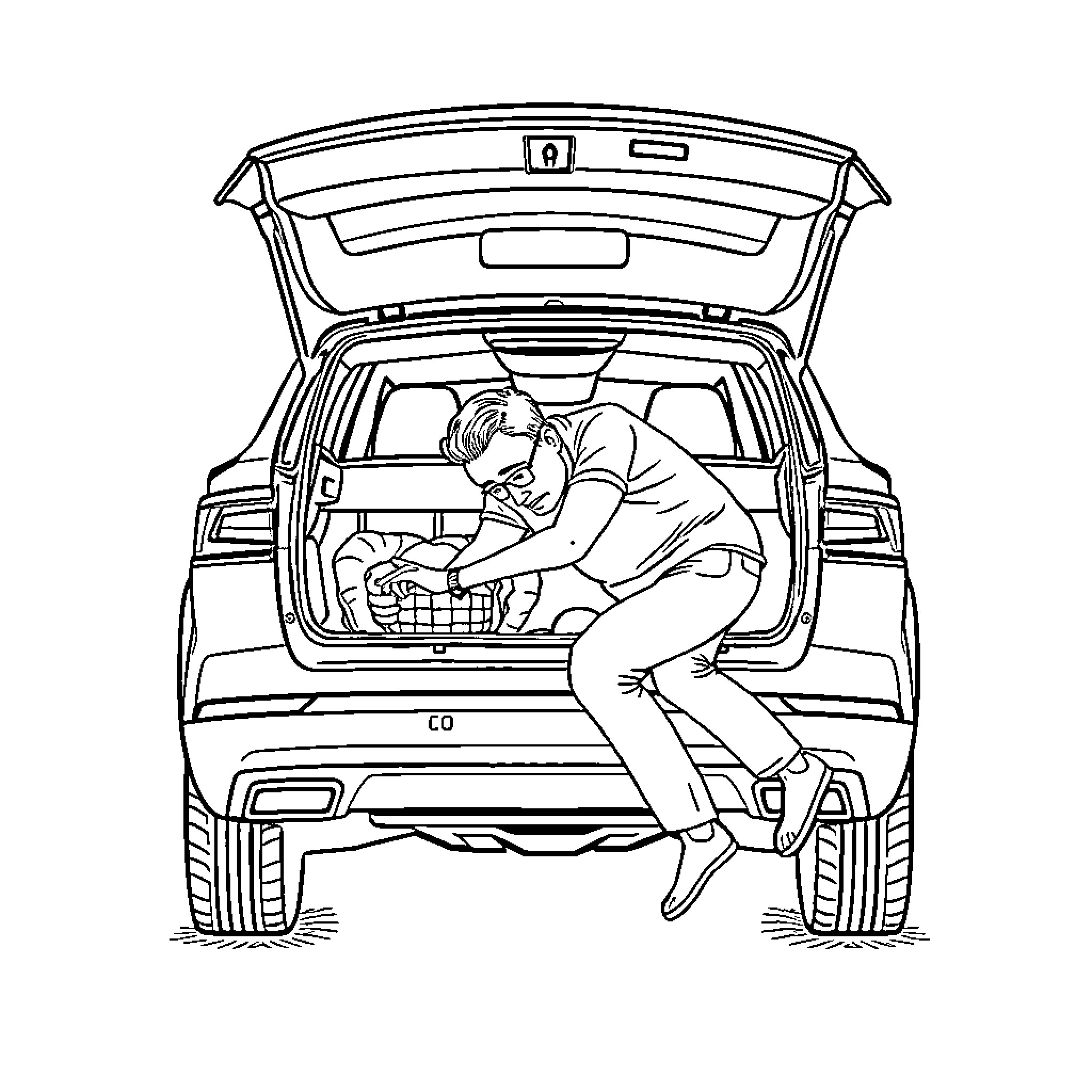 Skoda Vehicle Owner Packing Belongings in Trunk Coloring Page (free black-and-white line drawing printable PDF for all, from beginners to advanced learners, including children, teens, adults, and seniors)