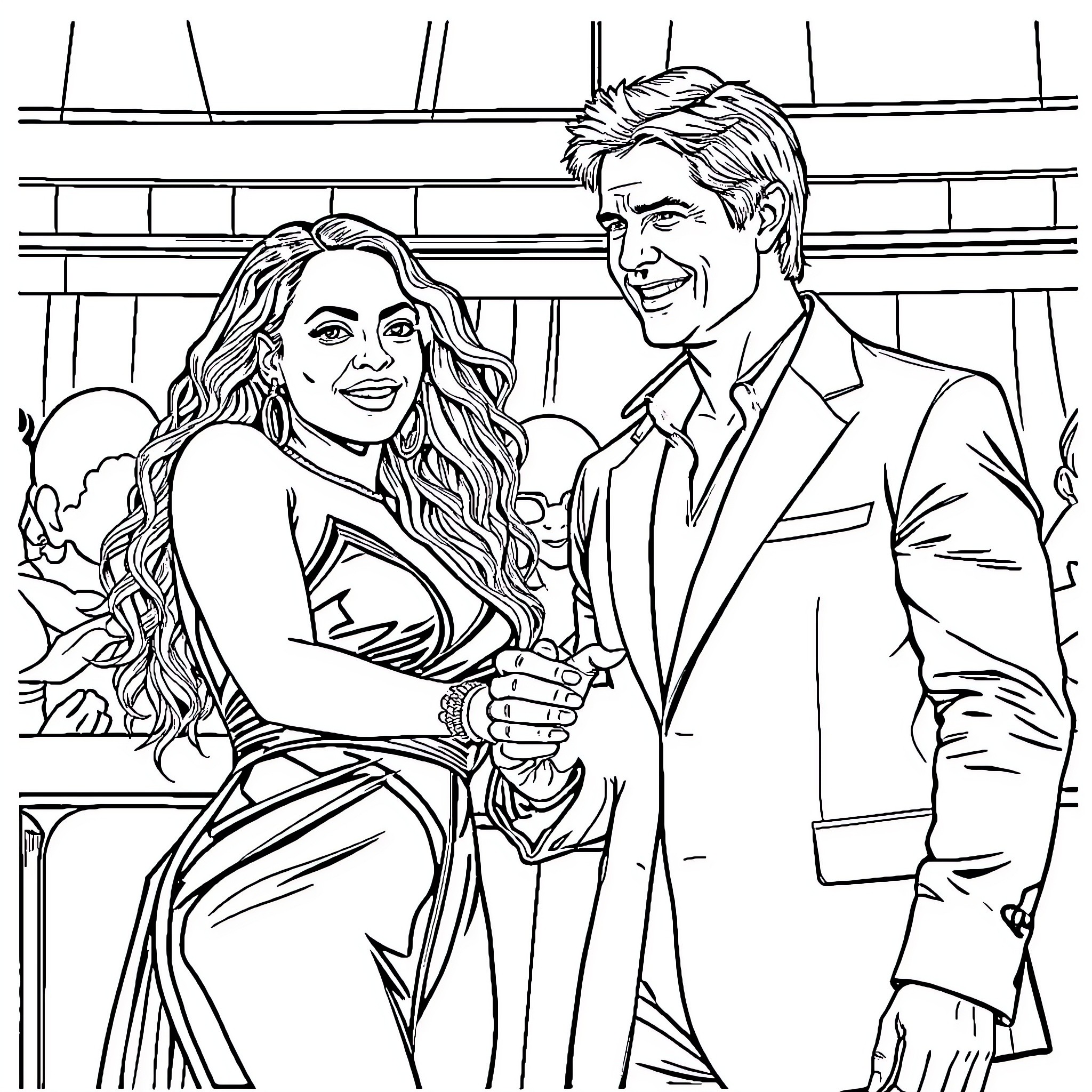Beyonce and Partner Attending a Formal Event Coloring Page (free black-and-white line drawing printable PDF for all, from beginners to advanced learners, including children, teens, adults, and seniors)