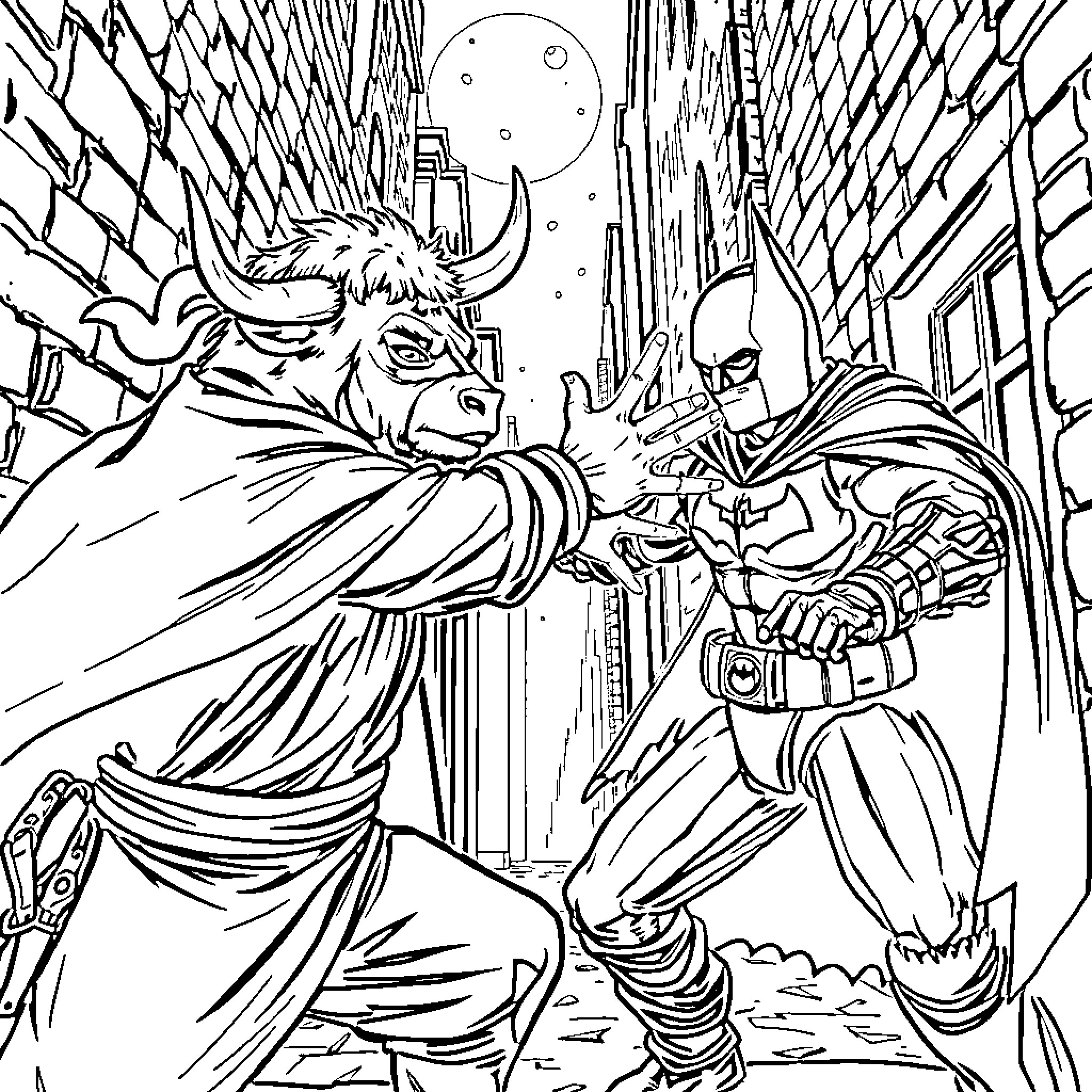 Highland Cow confronting Batman in an urban setting Coloring Page (free black-and-white line drawing printable PDF for all, from beginners to advanced learners, including children, teens, adults, and seniors)