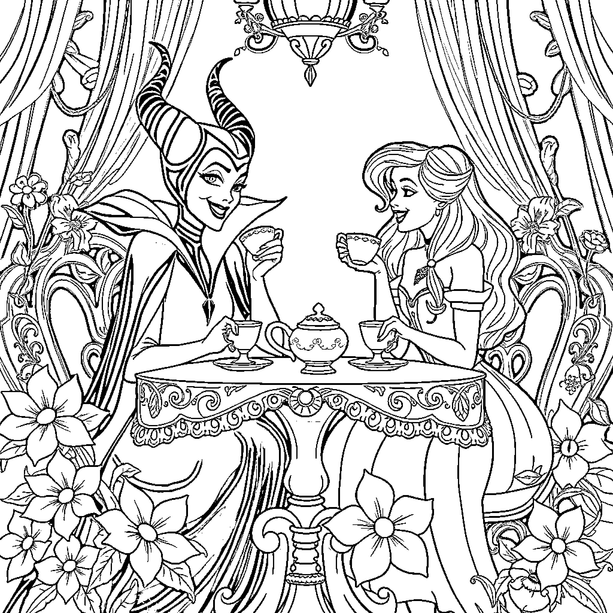 Maleficent and Princess Enjoying Tea Party Coloring Page (free black-and-white line drawing printable PDF for all, from beginners to advanced learners, including children, teens, adults, and seniors)