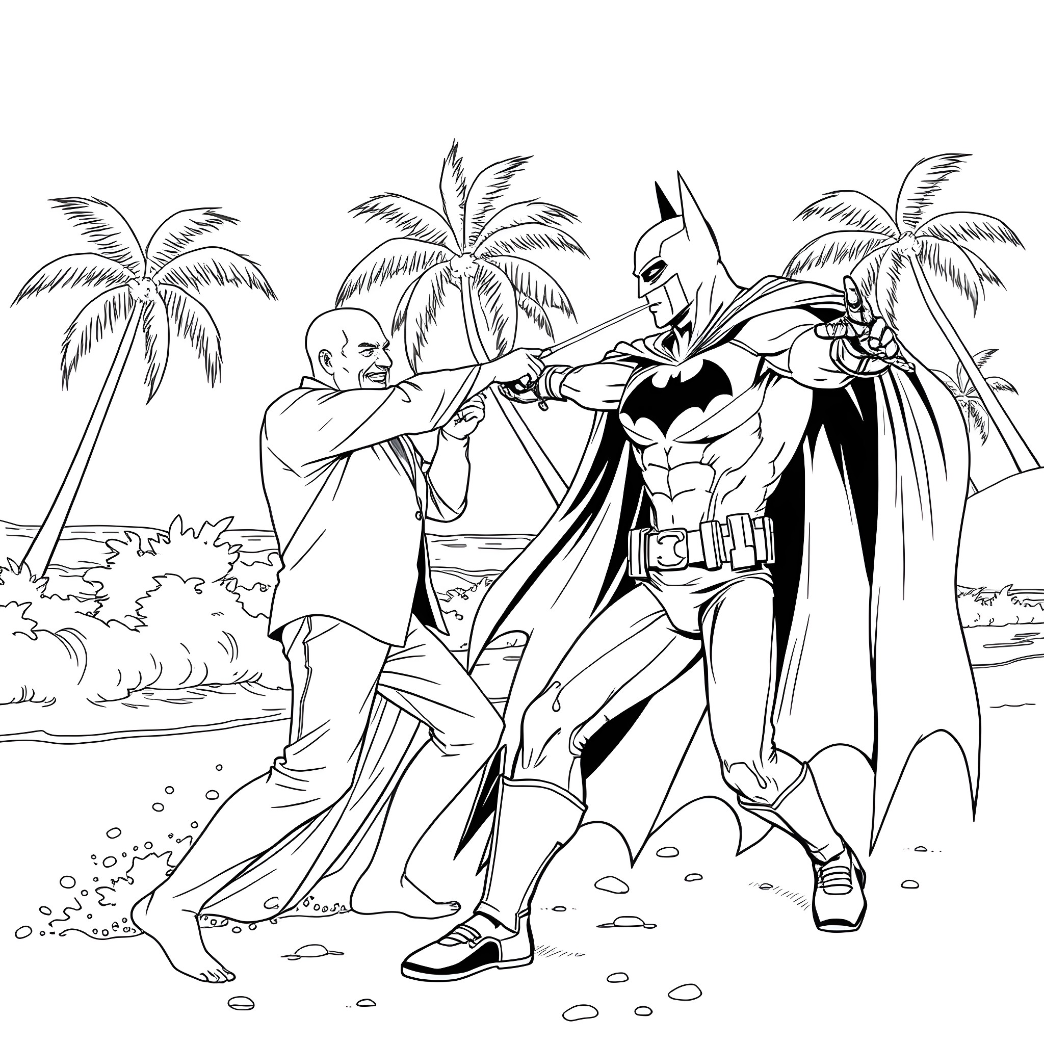 Papa Batman and sidekick fighting crime on the beach Coloring Page (free black-and-white line drawing printable PDF for all, from beginners to advanced learners, including children, teens, adults, and seniors)