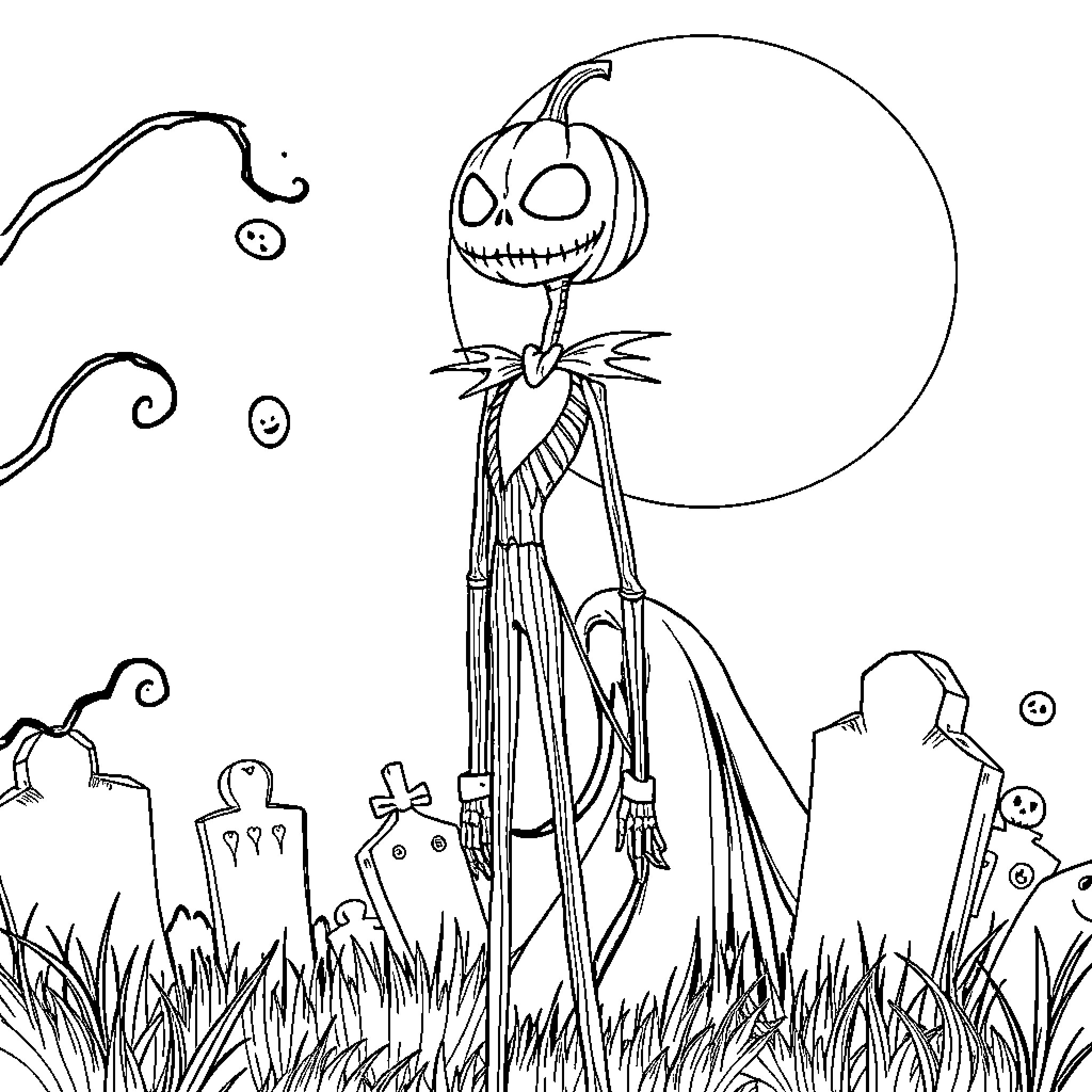 Jack Skellington standing tall in a spooky graveyard Coloring Page (free black-and-white line drawing printable PDF for all, from beginners to advanced learners, including children, teens, adults, and seniors)