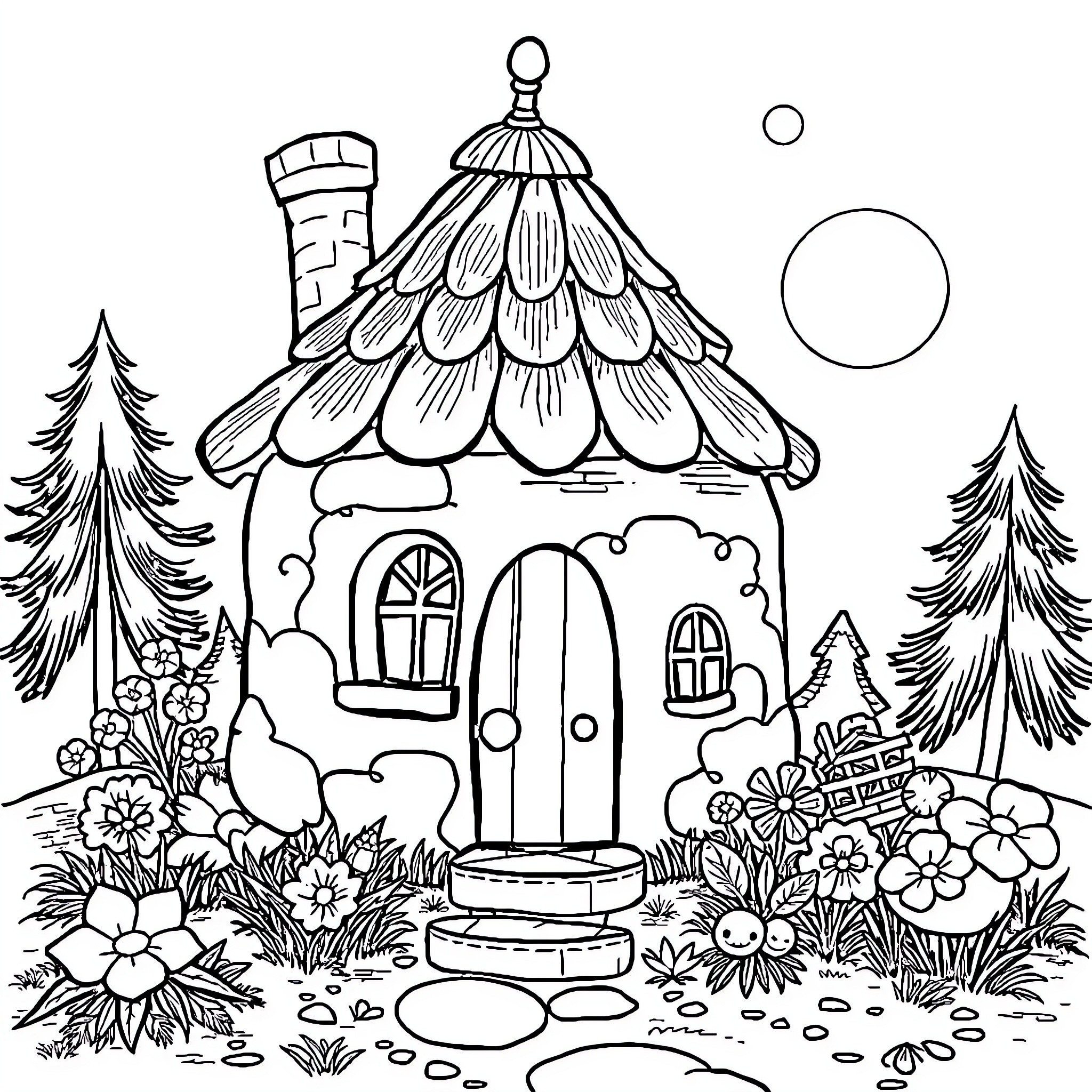 Pig's whimsical cottage in the forest Coloring Page (free black-and-white line drawing printable PDF for all, from beginners to advanced learners, including children, teens, adults, and seniors)