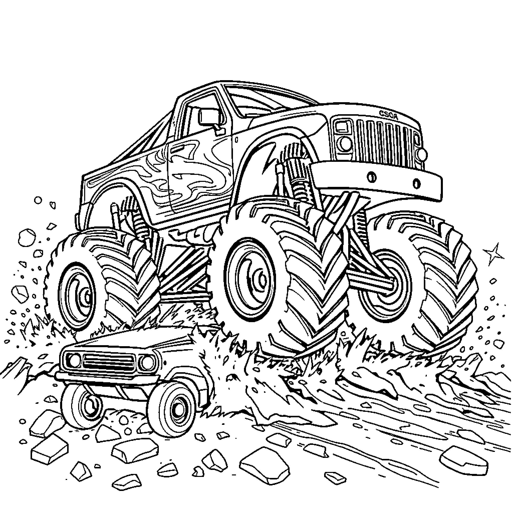 Monster Truck Crushing Small Car on Rugged Terrain Coloring Page (free black-and-white line drawing printable PDF for all, from beginners to advanced learners, including children, teens, adults, and seniors)
