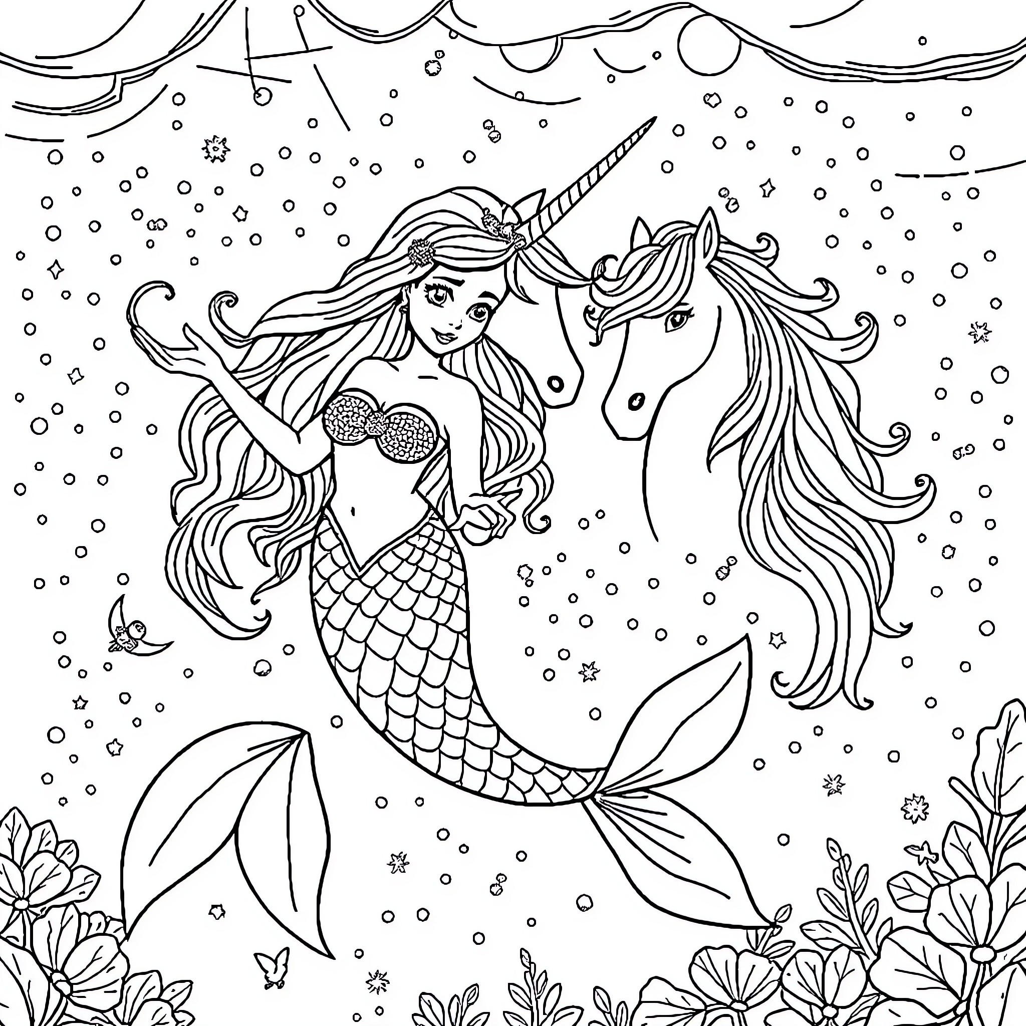 Mermaid swimming with magical unicorn in enchanted underwater scene Coloring Page (free black-and-white line drawing printable PDF for all, from beginners to advanced learners, including children, teens, adults, and seniors)