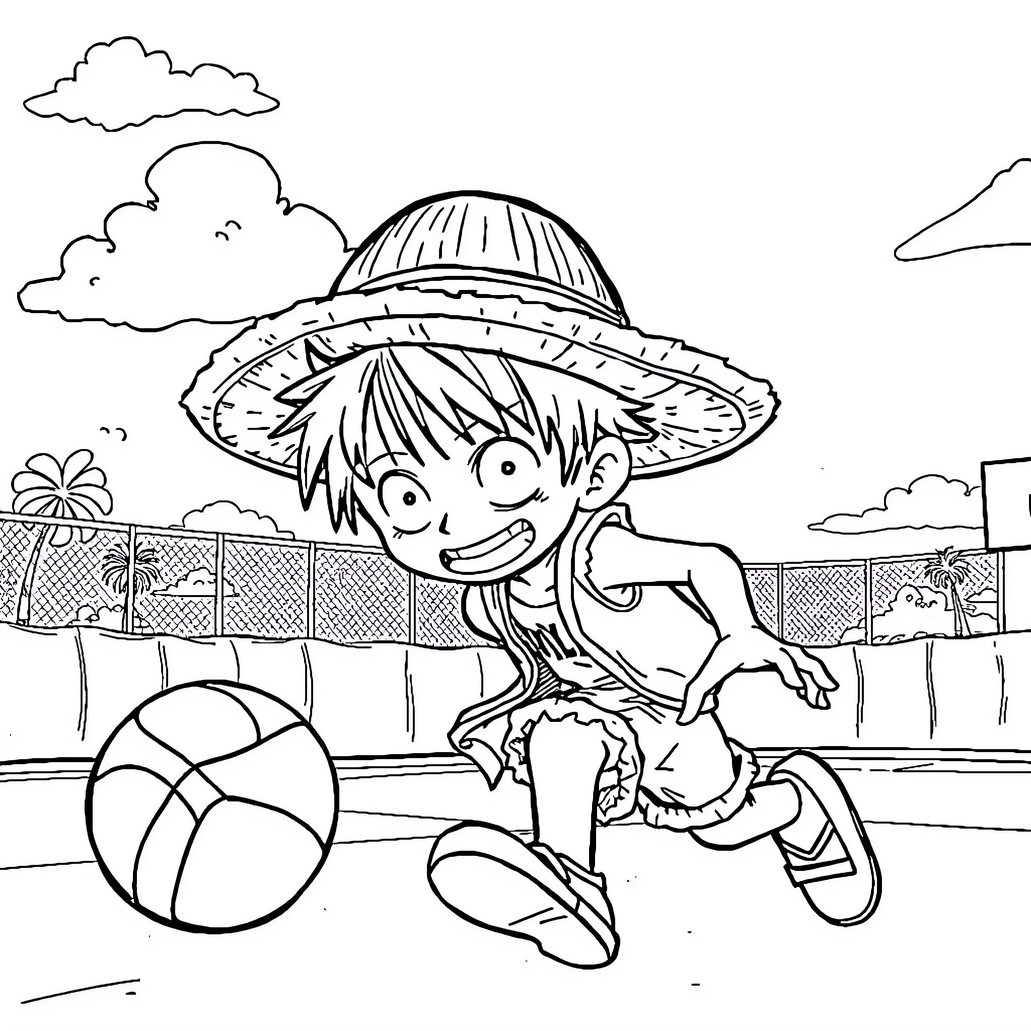 Luffy playing gleefully with beach ball on sunny day Coloring Page (free black-and-white line drawing printable PDF for all, from beginners to advanced learners, including children, teens, adults, and seniors)