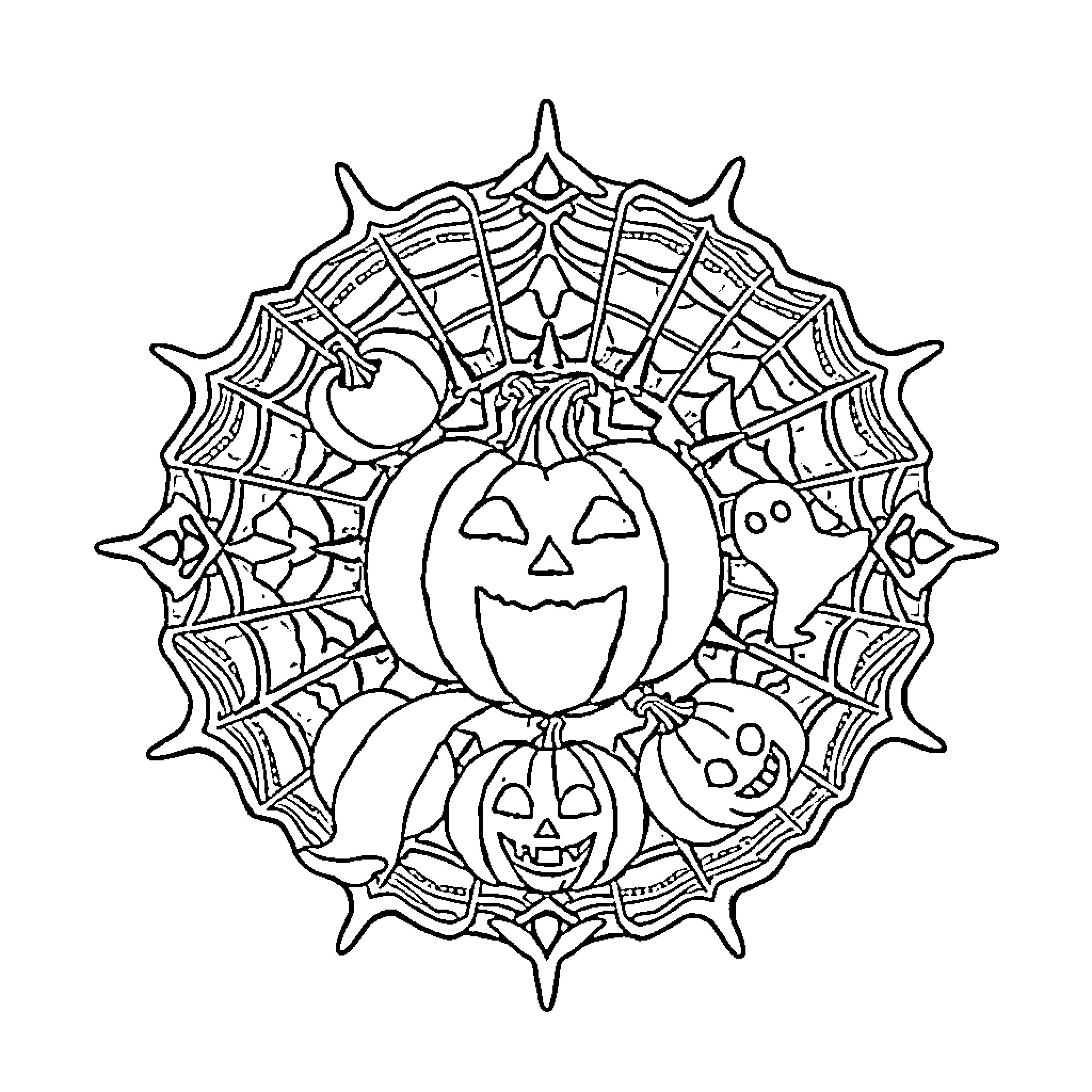 Mandala of pumpkins and spiderwebs Coloring Page (free black-and-white line drawing printable PDF for all, from beginners to advanced learners, including children, teens, adults, and seniors)