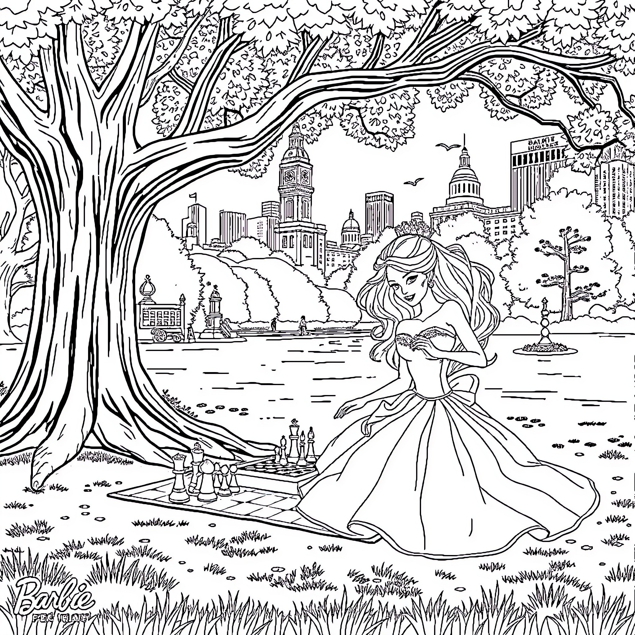 Barbie enjoying a peaceful afternoon in the park Coloring Page (free black-and-white line drawing printable PDF for all, from beginners to advanced learners, including children, teens, adults, and seniors)