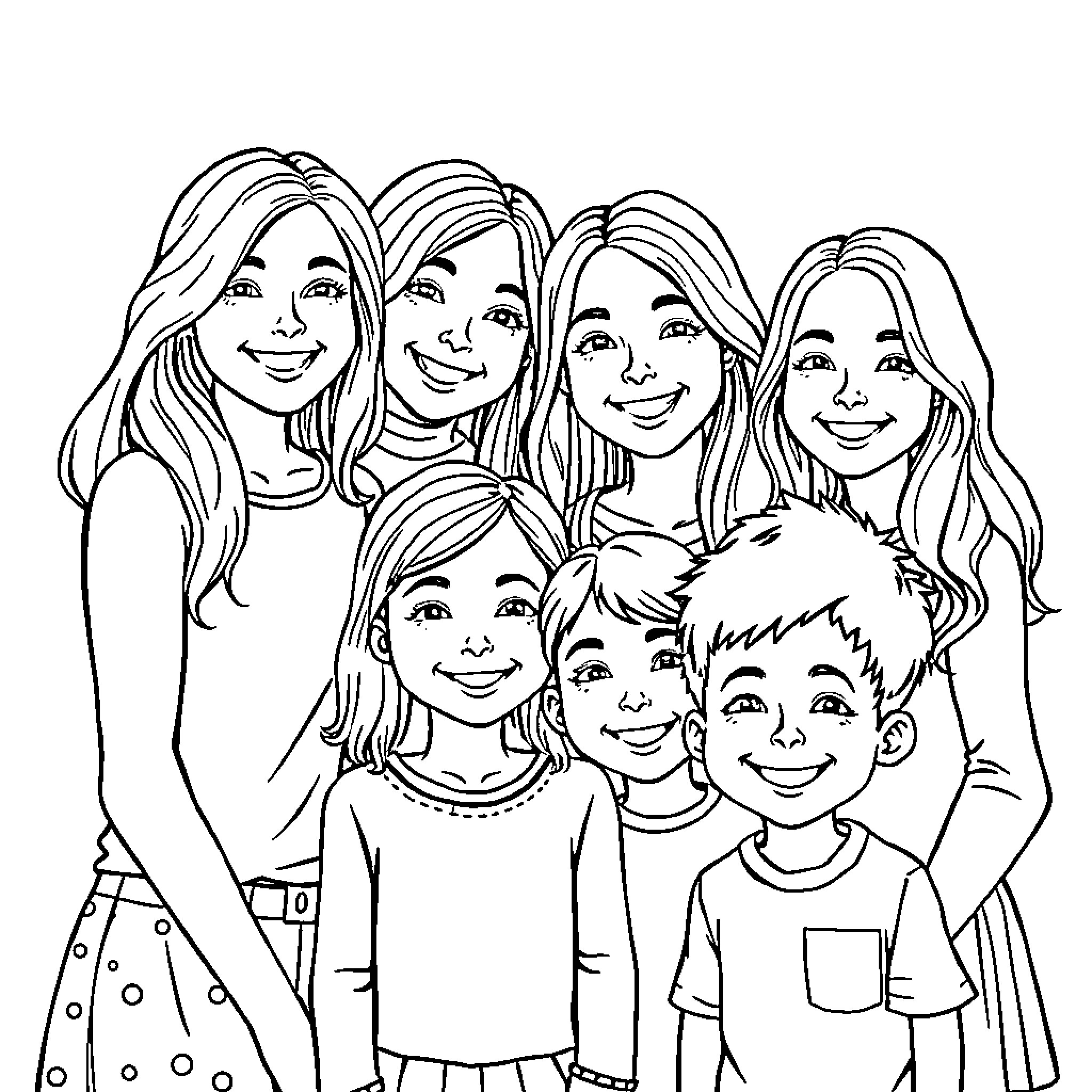 Family Enjoying a Cheerful Moment Together Coloring Page (free black-and-white line drawing printable PDF for all, from beginners to advanced learners, including children, teens, adults, and seniors)