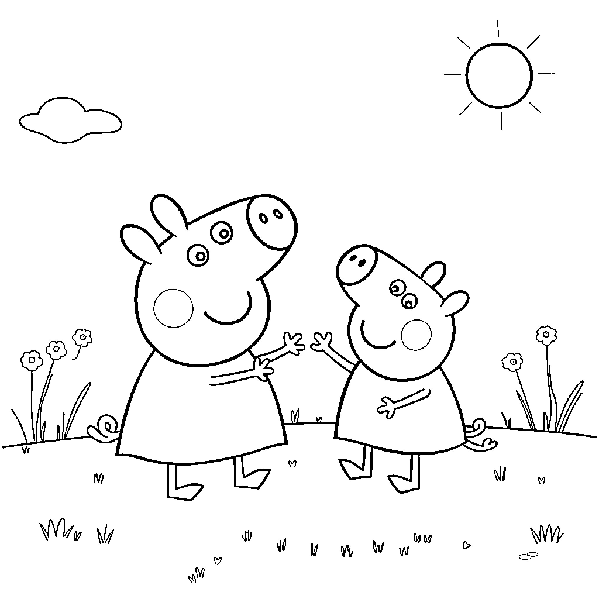 Peppa Pig and Mommy Pig enjoying a sunny day Coloring Page (free black-and-white line drawing printable PDF for all, from beginners to advanced learners, including children, teens, adults, and seniors)