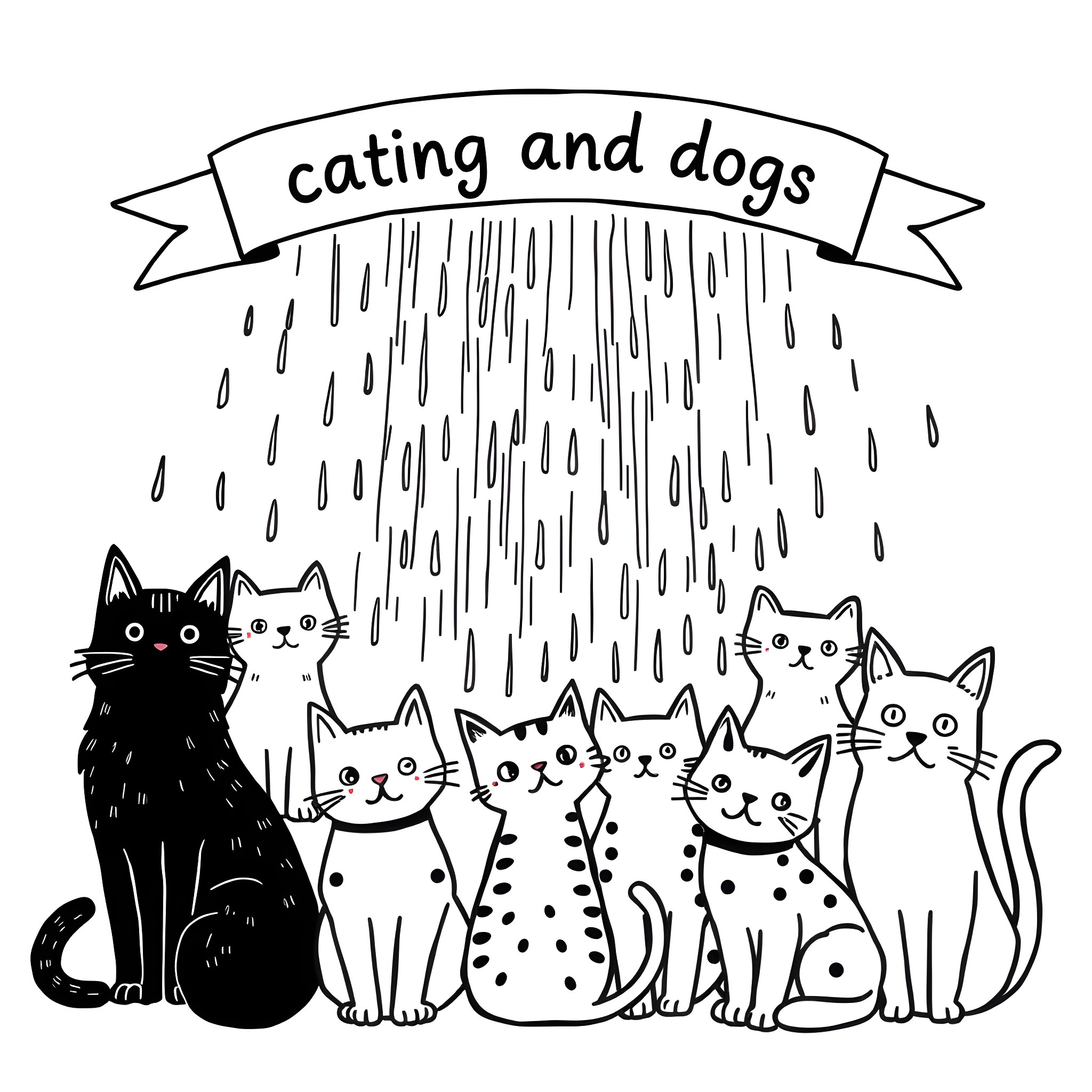 Cats and dogs playing in the rain Coloring Page (free black-and-white line drawing printable PDF for all, from beginners to advanced learners, including children, teens, adults, and seniors)