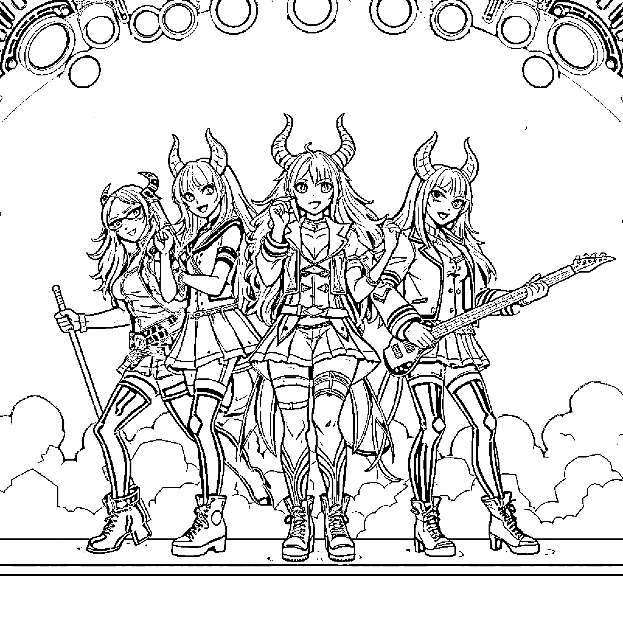 Demon Hunters: Fierce Fighters in Daring Attire Coloring Page (free black-and-white line drawing printable PDF for all, from beginners to advanced learners, including children, teens, adults, and seniors)