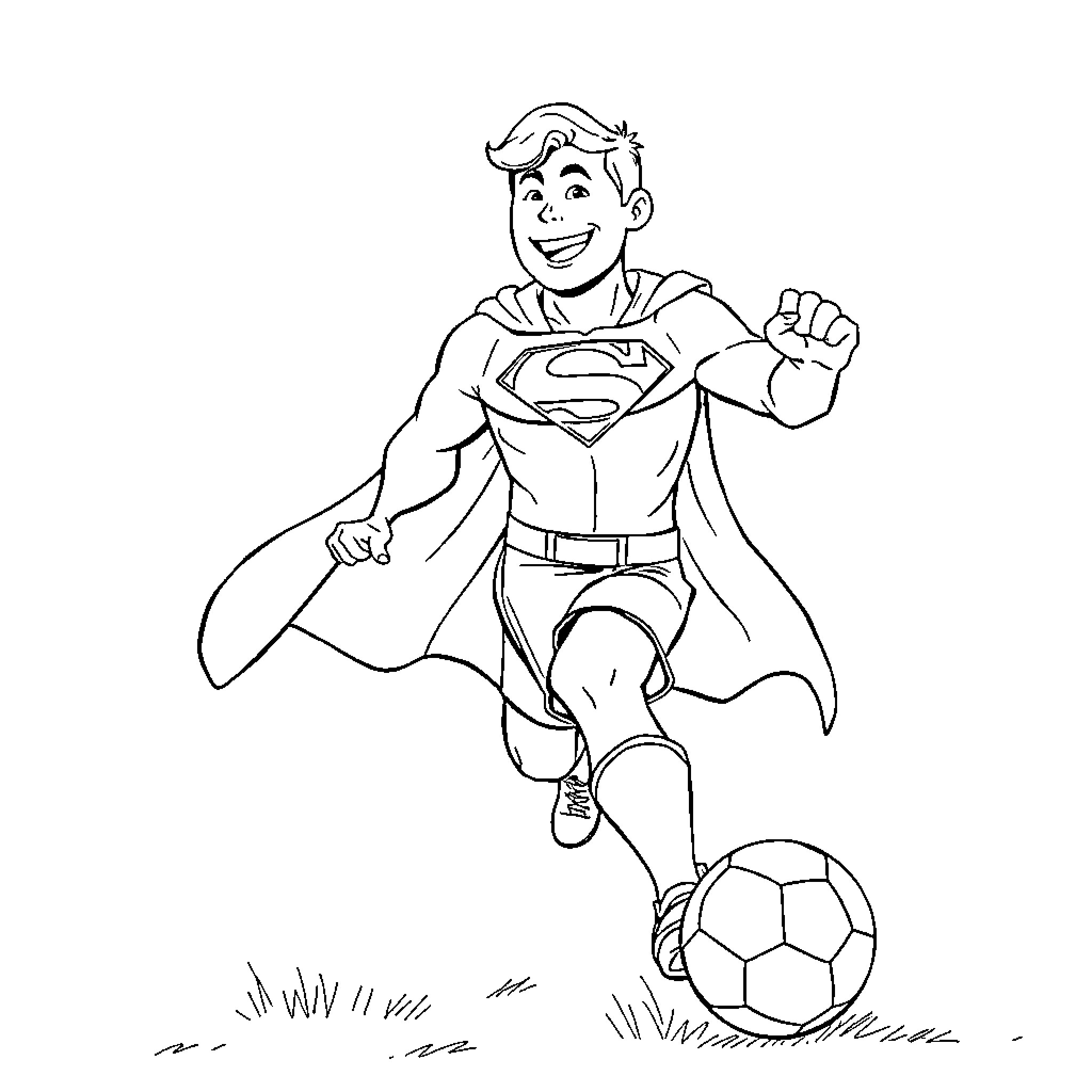 Superman playing joyfully with a soccer ball Coloring Page (free black-and-white line drawing printable PDF for all, from beginners to advanced learners, including children, teens, adults, and seniors)