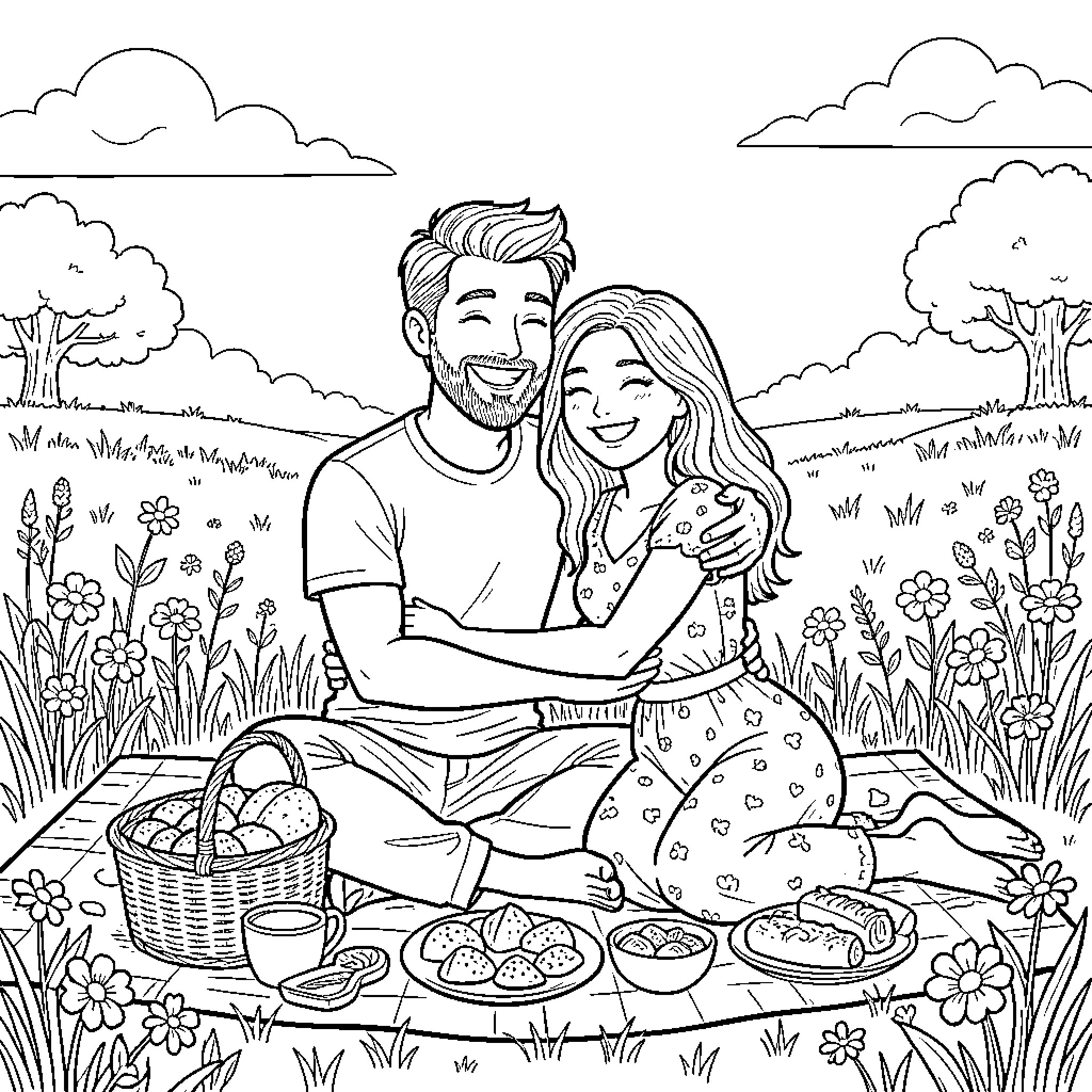 Couple enjoying a picnic in nature Coloring Page (free black-and-white line drawing printable PDF for all, from beginners to advanced learners, including children, teens, adults, and seniors)