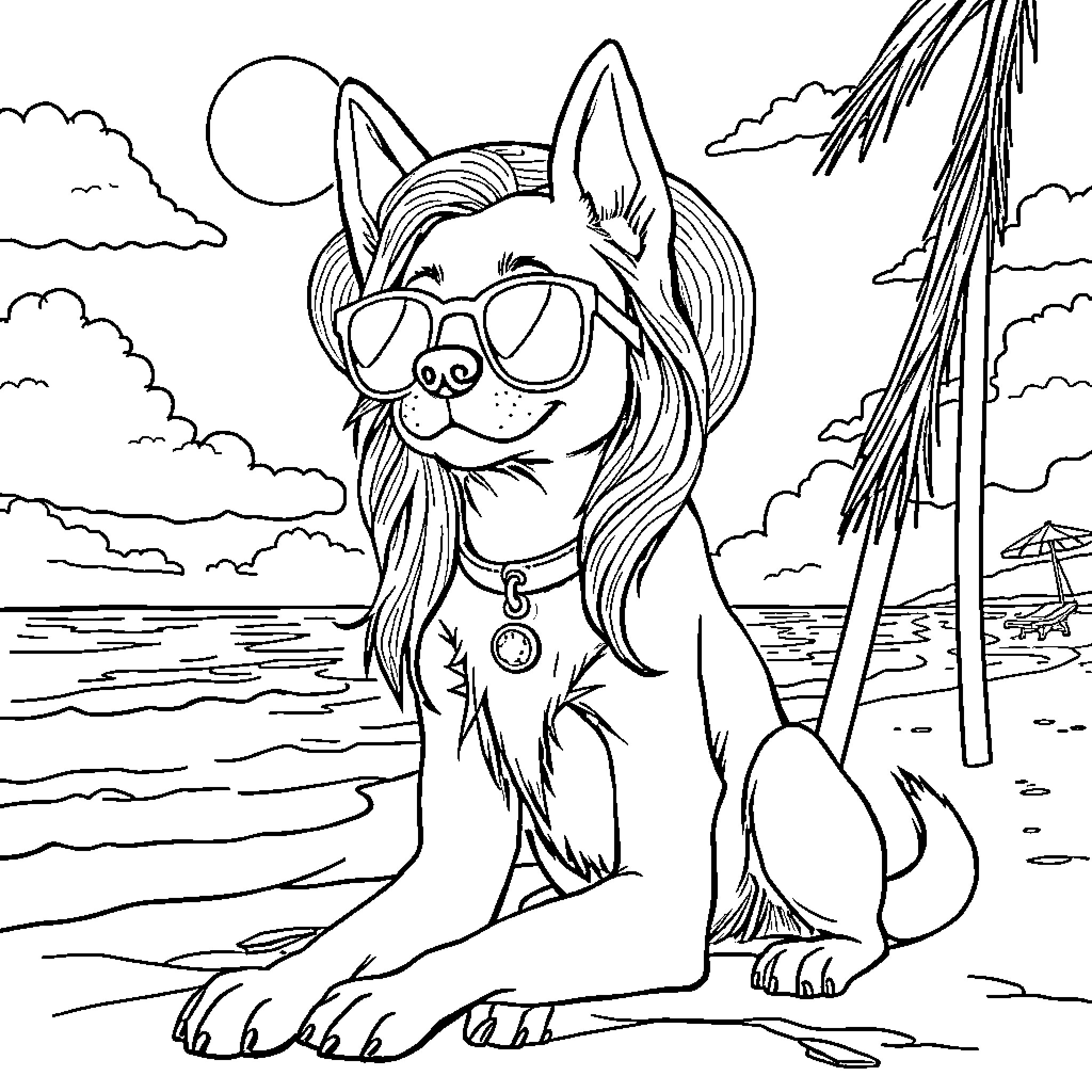 Zelda the Dog Enjoys the Beach Coloring Page (free black-and-white line drawing printable PDF for all, from beginners to advanced learners, including children, teens, adults, and seniors)