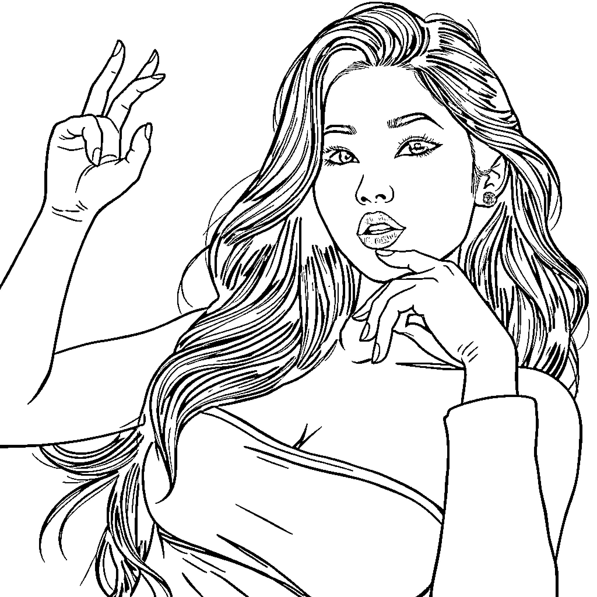 Jennie Kim's Expressive Pose and Attire Coloring Page (free black-and-white line drawing printable PDF for all, from beginners to advanced learners, including children, teens, adults, and seniors)