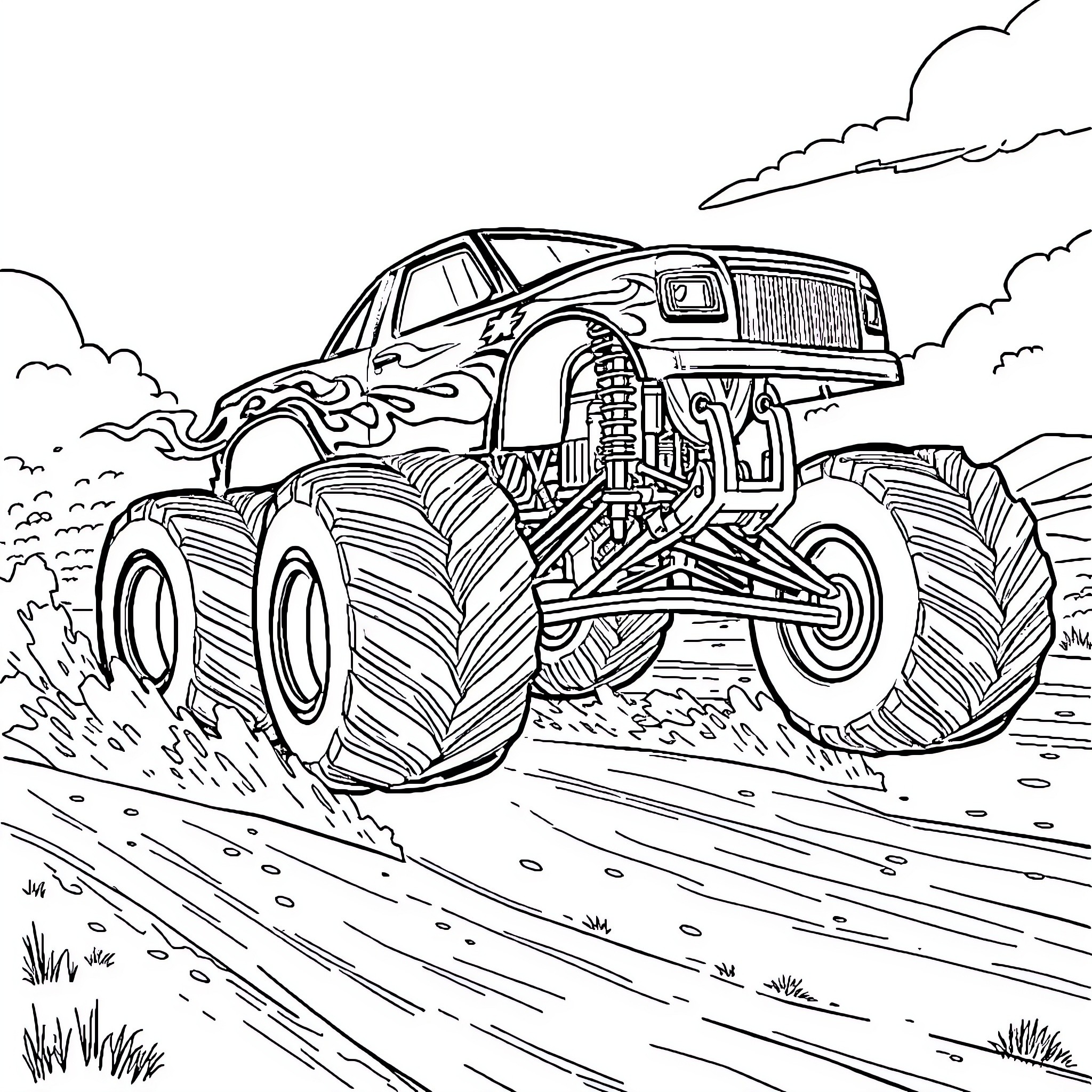 Max-D Monster Truck Jumping Over Terrain Coloring Page (free black-and-white line drawing printable PDF for all, from beginners to advanced learners, including children, teens, adults, and seniors)