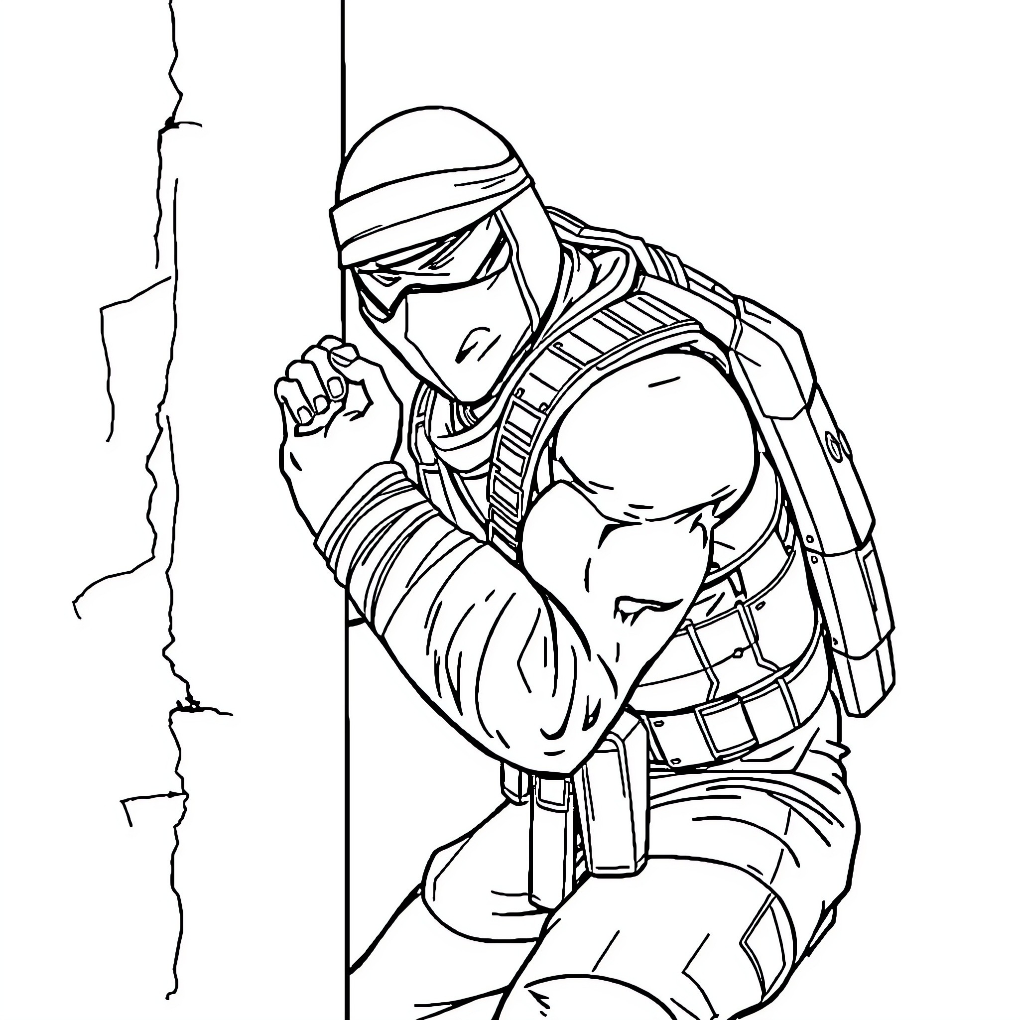 Snake-themed warrior in tactical gear wielding weapon Coloring Page (free black-and-white line drawing printable PDF for all, from beginners to advanced learners, including children, teens, adults, and seniors)