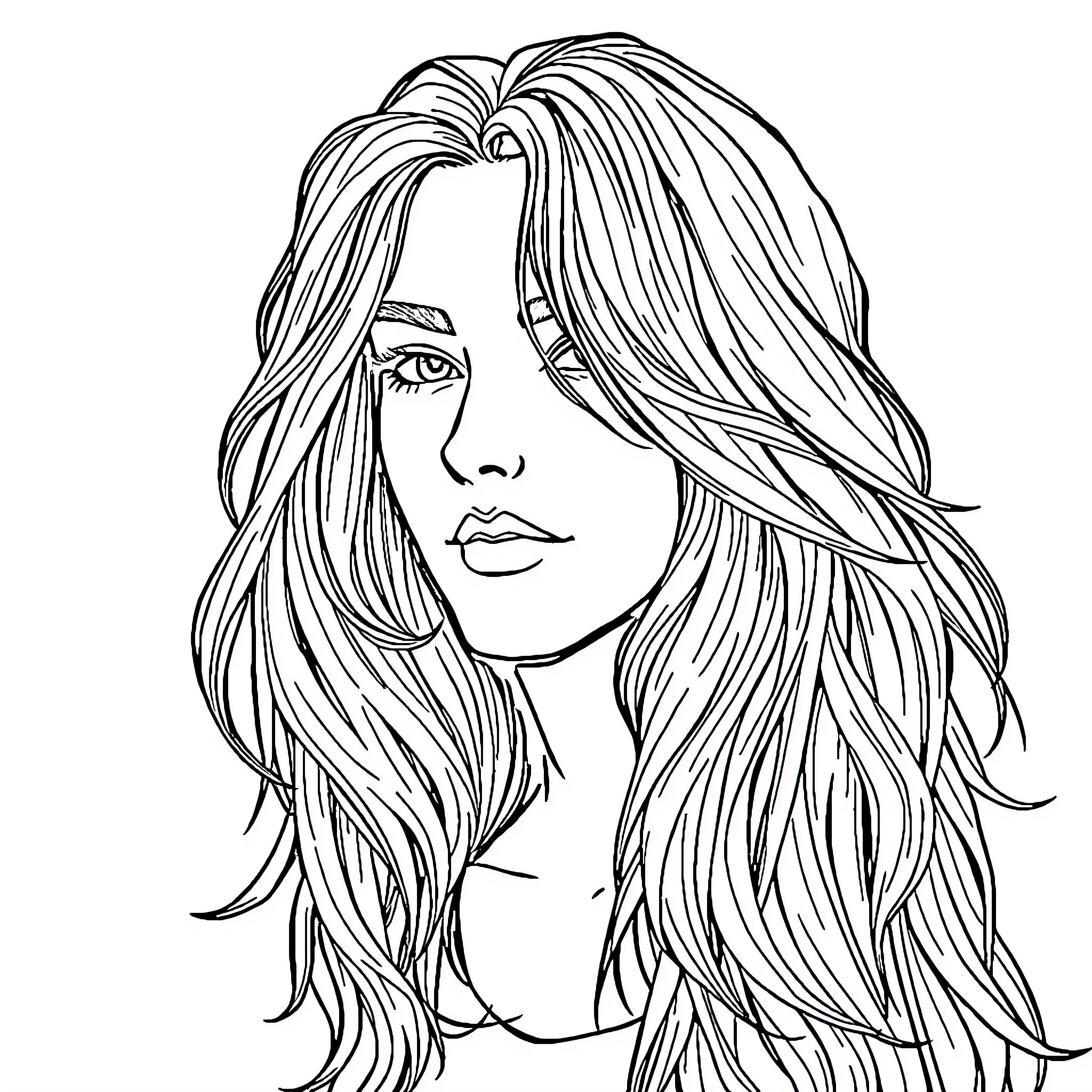 Longhair woman in pensive expression Coloring Page (free black-and-white line drawing printable PDF for all, from beginners to advanced learners, including children, teens, adults, and seniors)
