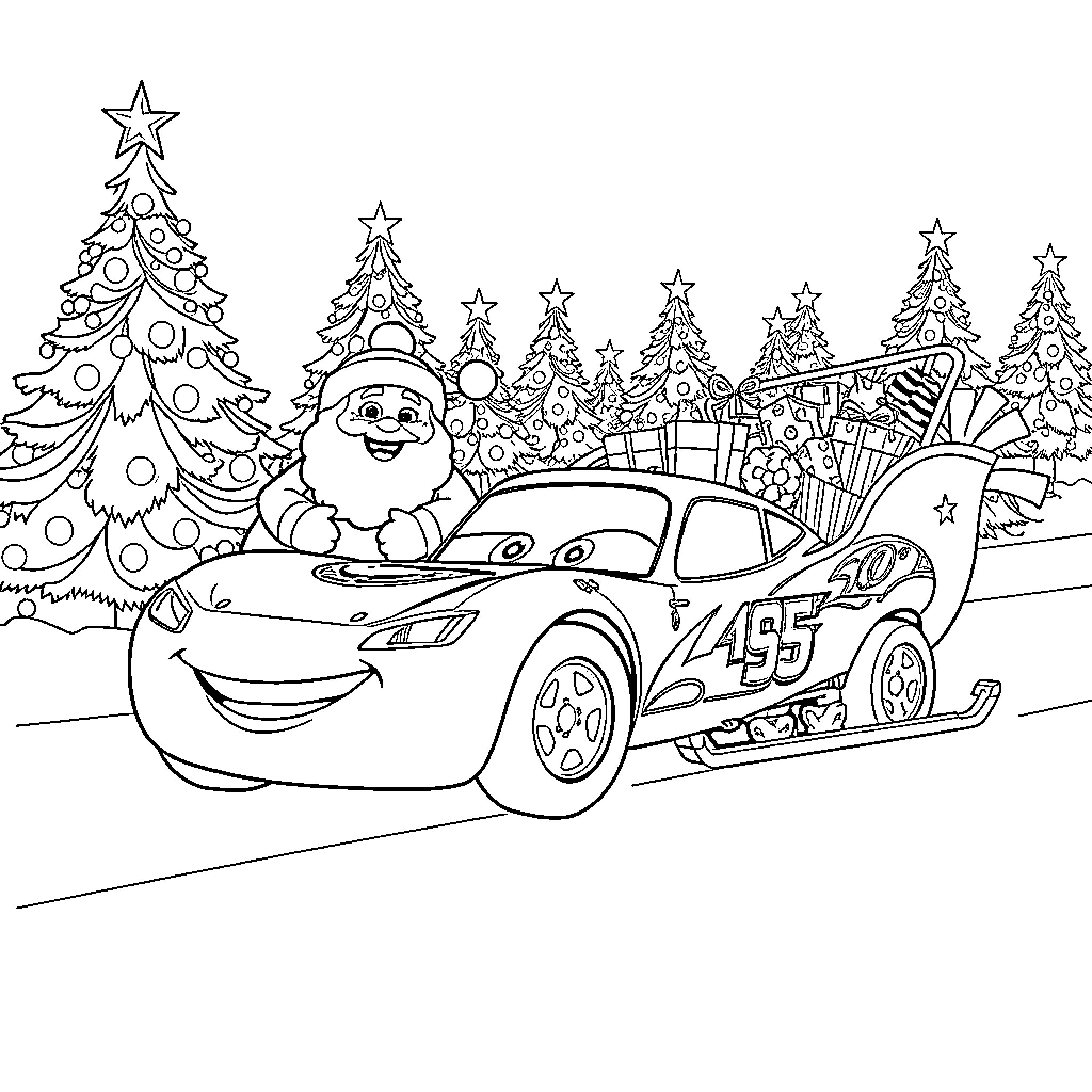 Lightning McQueen in a festive Christmas scene Coloring Page (free black-and-white line drawing printable PDF for all, from beginners to advanced learners, including children, teens, adults, and seniors)