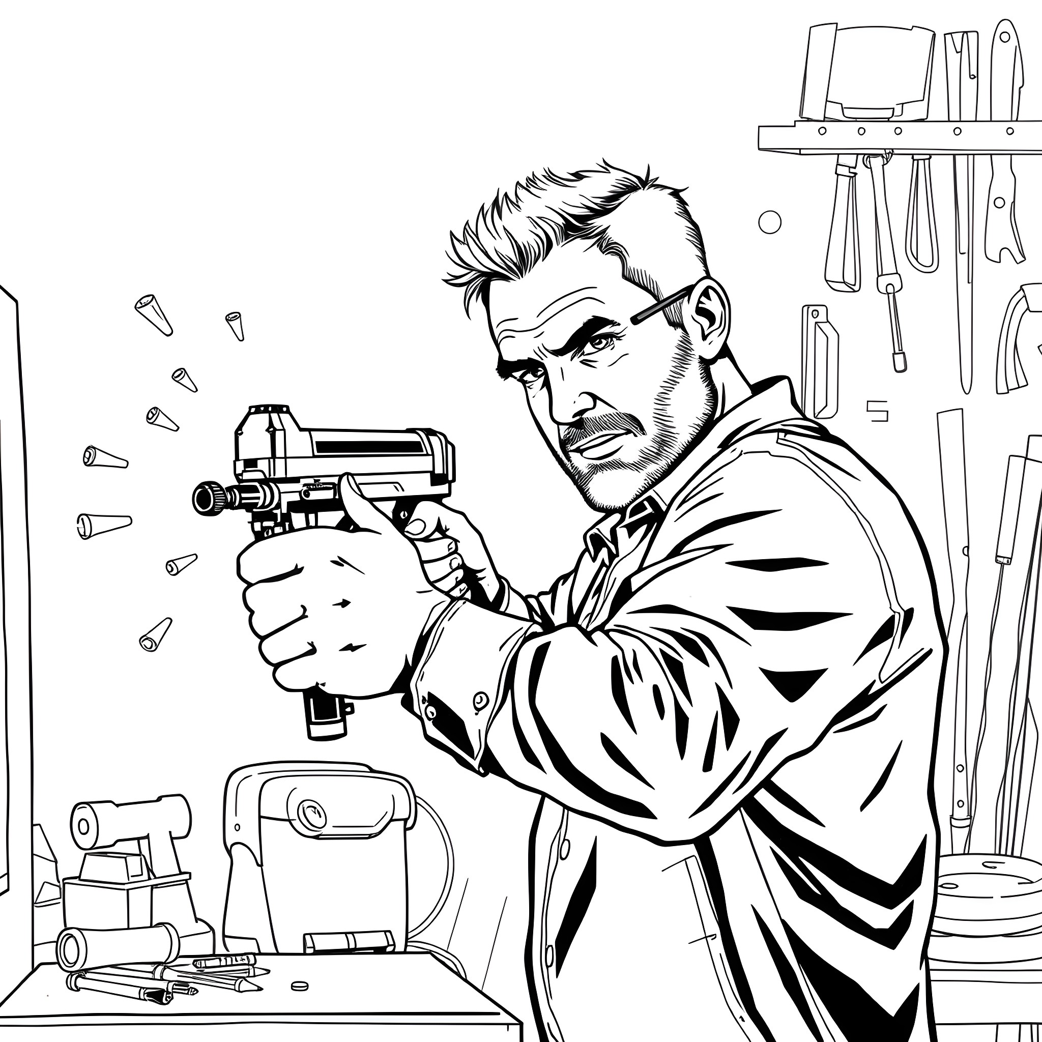 Man wielding a gun in a cluttered workshop Coloring Page (free black-and-white line drawing printable PDF for all, from beginners to advanced learners, including children, teens, adults, and seniors)