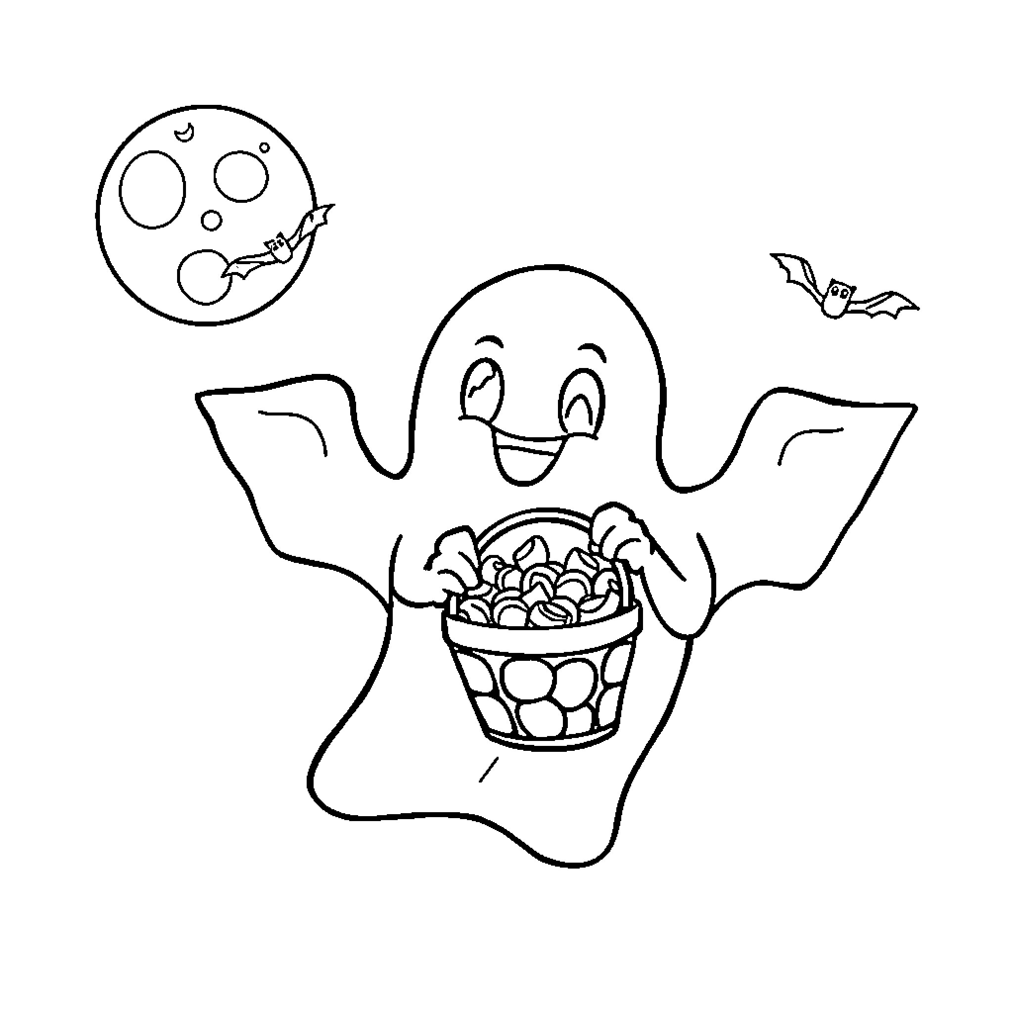 Ghost enjoying a spooky treat Coloring Page (free black-and-white line drawing printable PDF for all, from beginners to advanced learners, including children, teens, adults, and seniors)