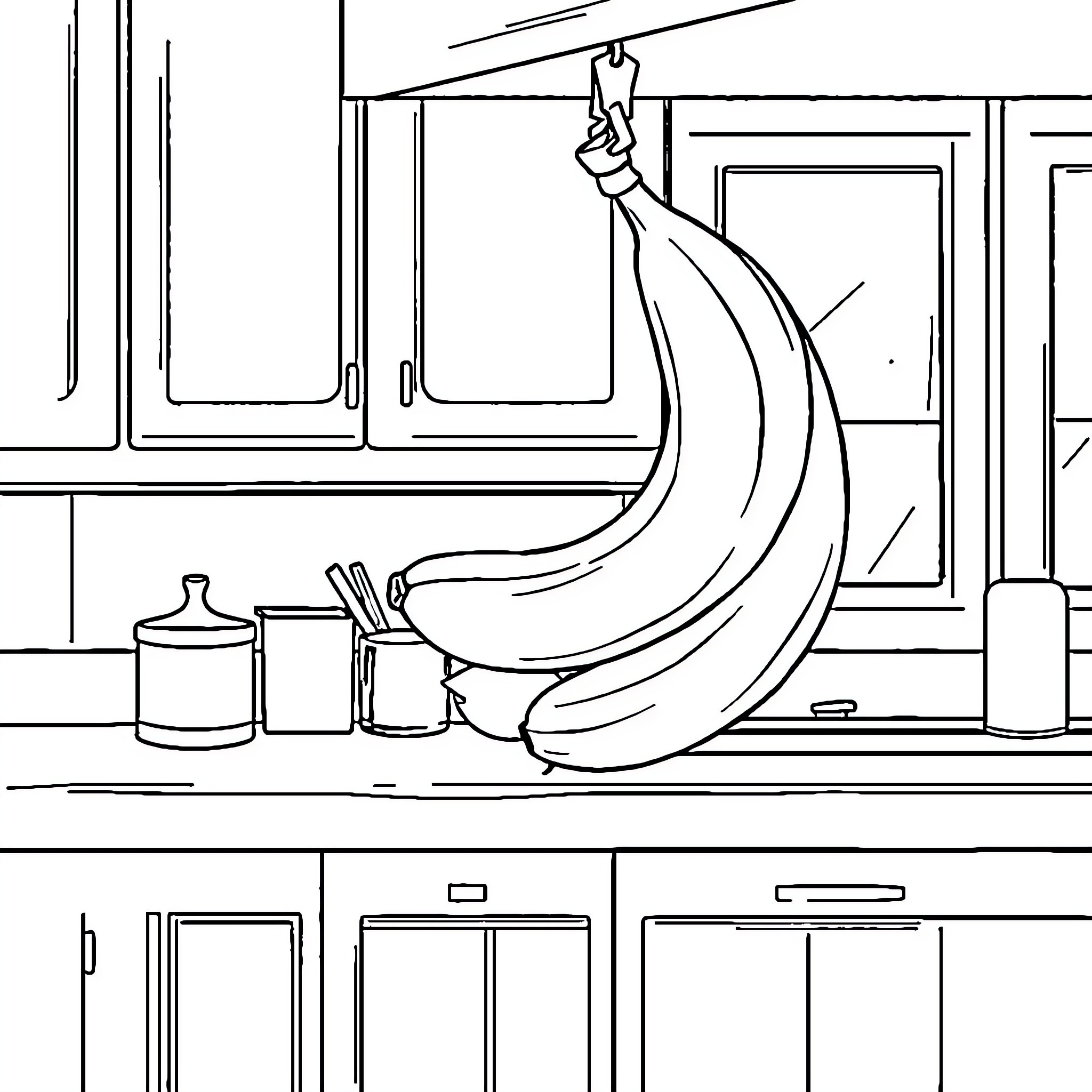 Banana Bunch Hanging in Kitchen Cabinets Coloring Page (free black-and-white line drawing printable PDF for all, from beginners to advanced learners, including children, teens, adults, and seniors)