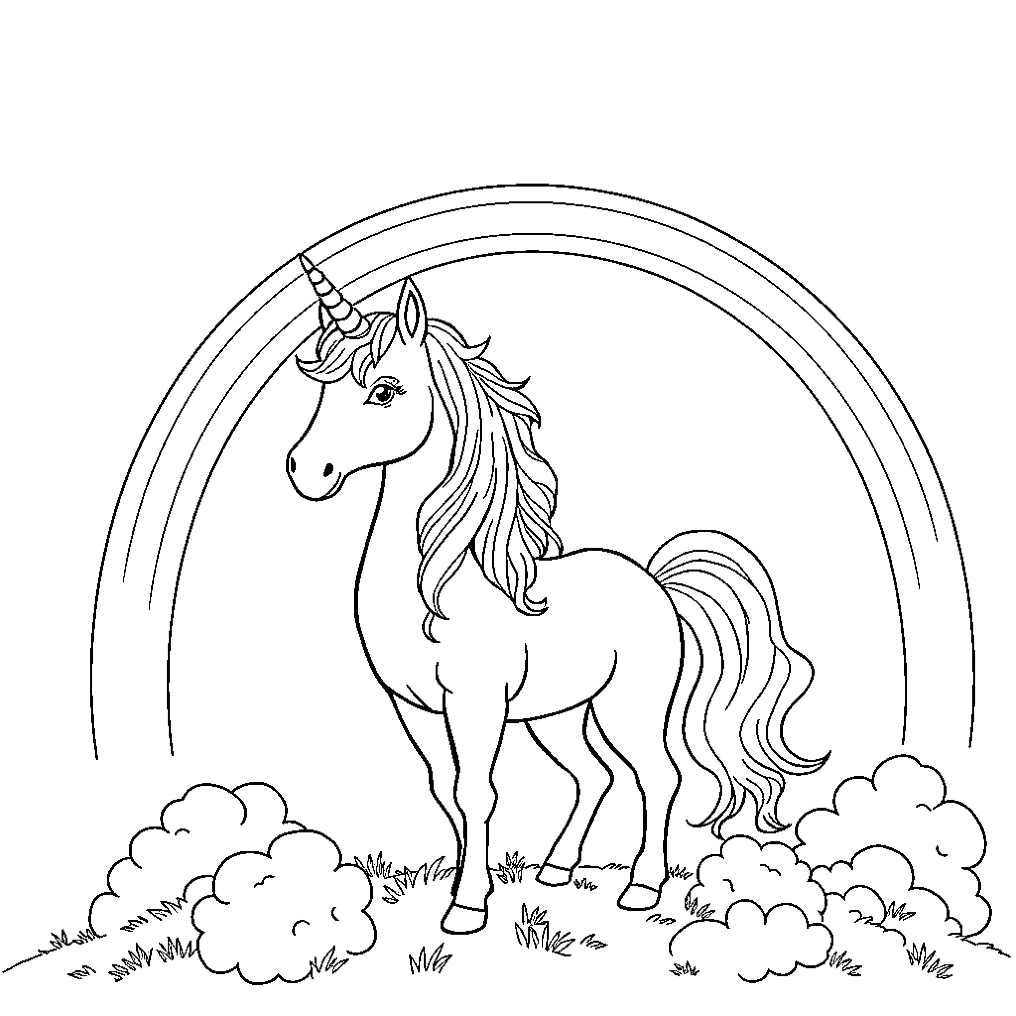 Unicorn standing proudly against a rainbow backdrop Coloring Page (free black-and-white line drawing printable PDF for all, from beginners to advanced learners, including children, teens, adults, and seniors)