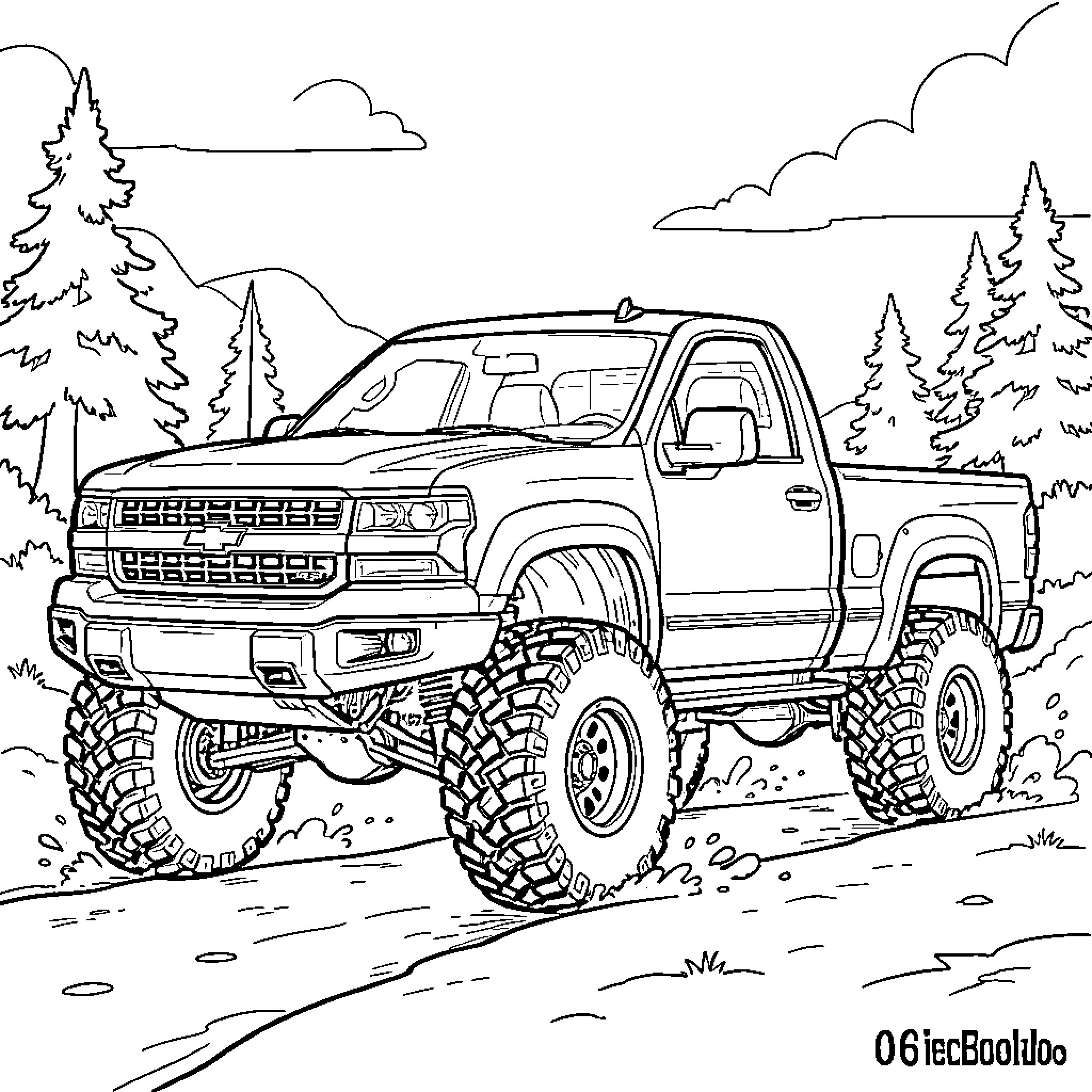 Truck off-roading in the wilderness Coloring Page (free black-and-white line drawing printable PDF for all, from beginners to advanced learners, including children, teens, adults, and seniors)