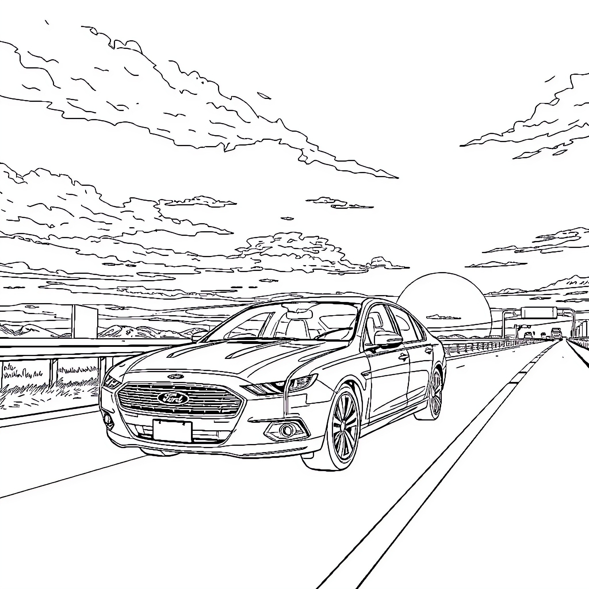 Ford Falcon driving on the highway under cloudy sky Coloring Page (free black-and-white line drawing printable PDF for all, from beginners to advanced learners, including children, teens, adults, and seniors)
