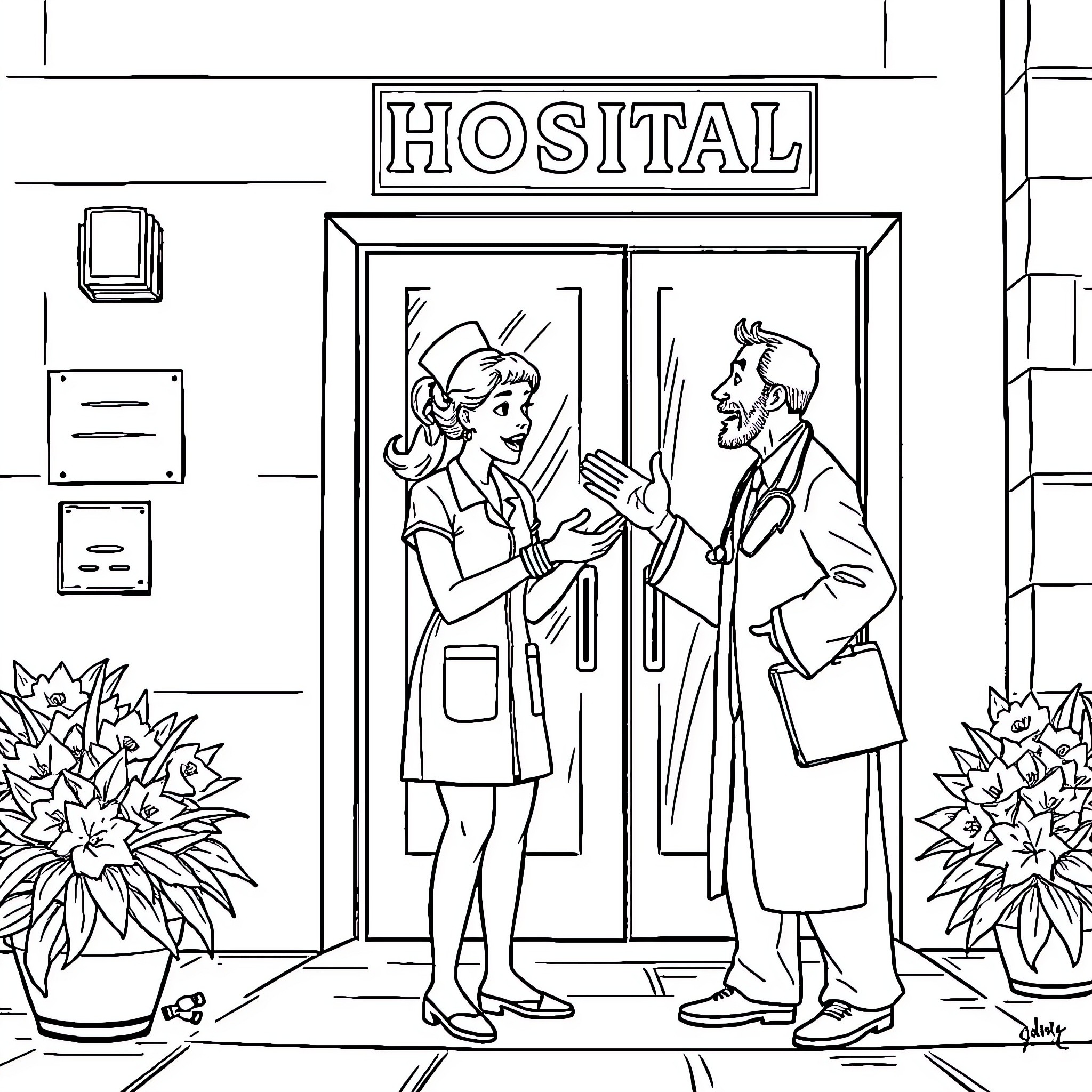 Nurse Greeting Patients at Hospital Entrance Coloring Page (free black-and-white line drawing printable PDF for all, from beginners to advanced learners, including children, teens, adults, and seniors)