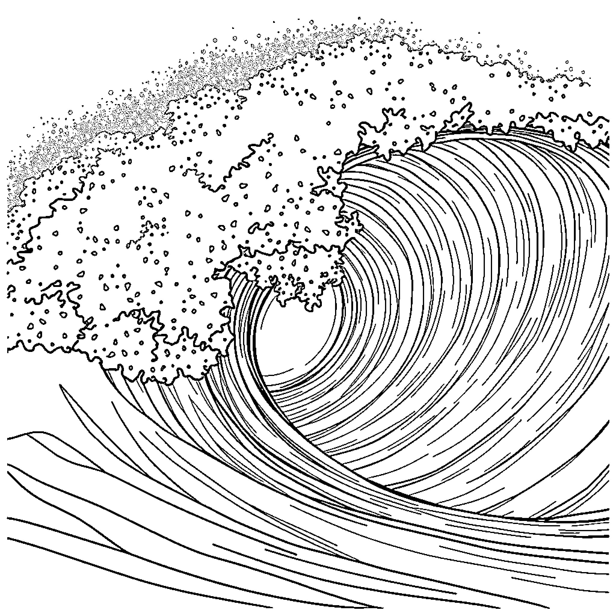 Apple Waves Crashing in Stormy Sea Coloring Page (free black-and-white line drawing printable PDF for all, from beginners to advanced learners, including children, teens, adults, and seniors)