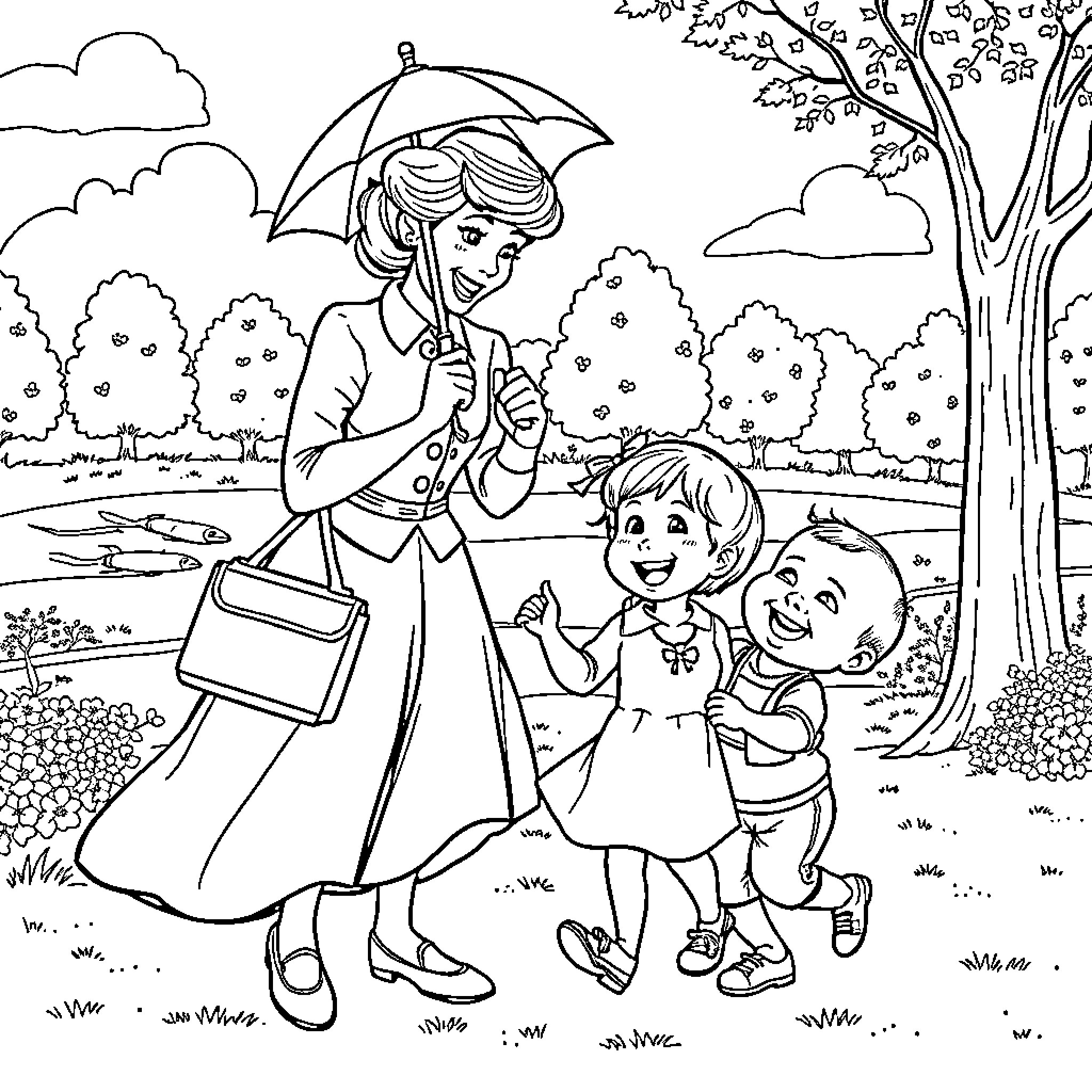 Mary Poppins walking with children in the park Coloring Page (free black-and-white line drawing printable PDF for all, from beginners to advanced learners, including children, teens, adults, and seniors)