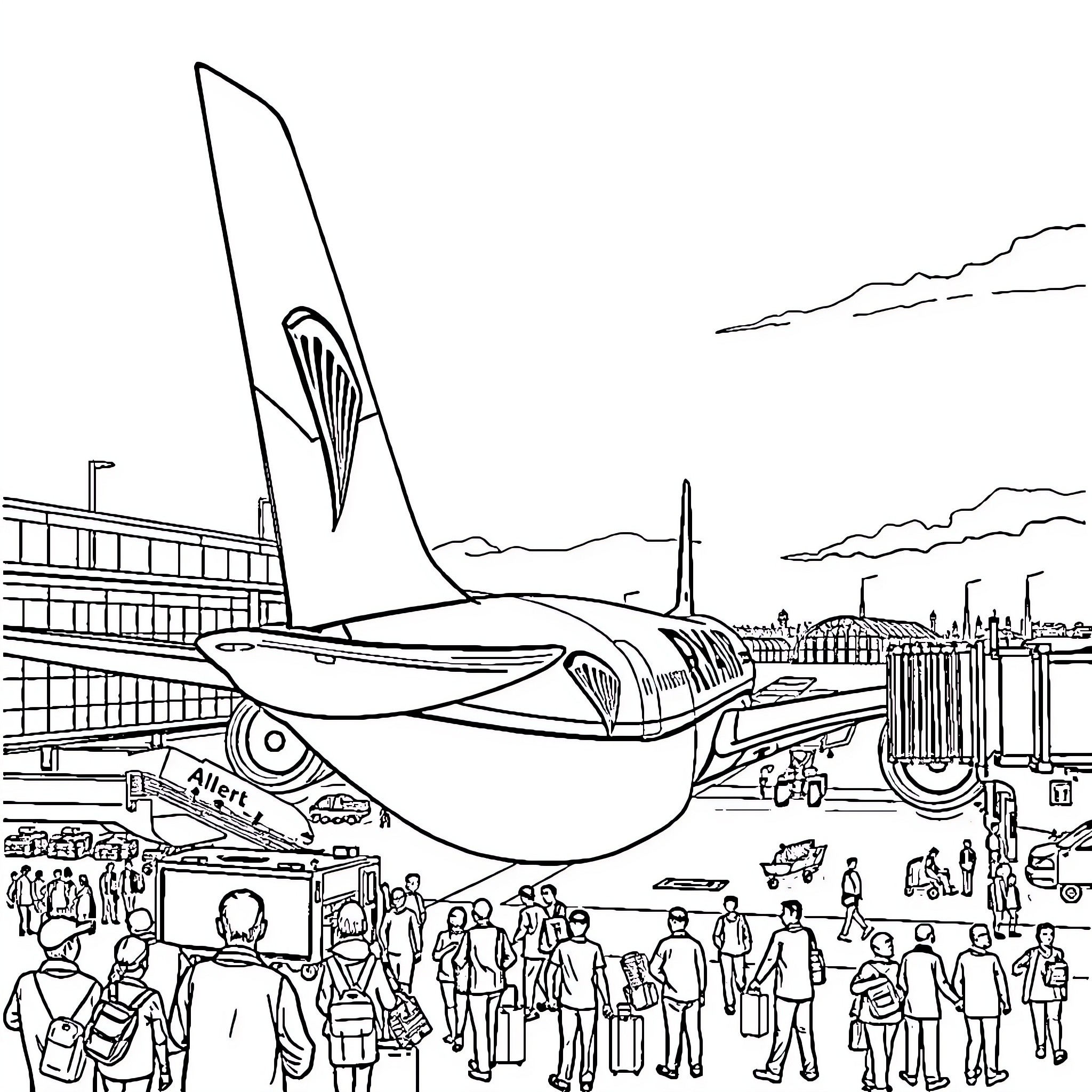 Ryanair passengers boarding aircraft at airport Coloring Page (free black-and-white line drawing printable PDF for all, from beginners to advanced learners, including children, teens, adults, and seniors)