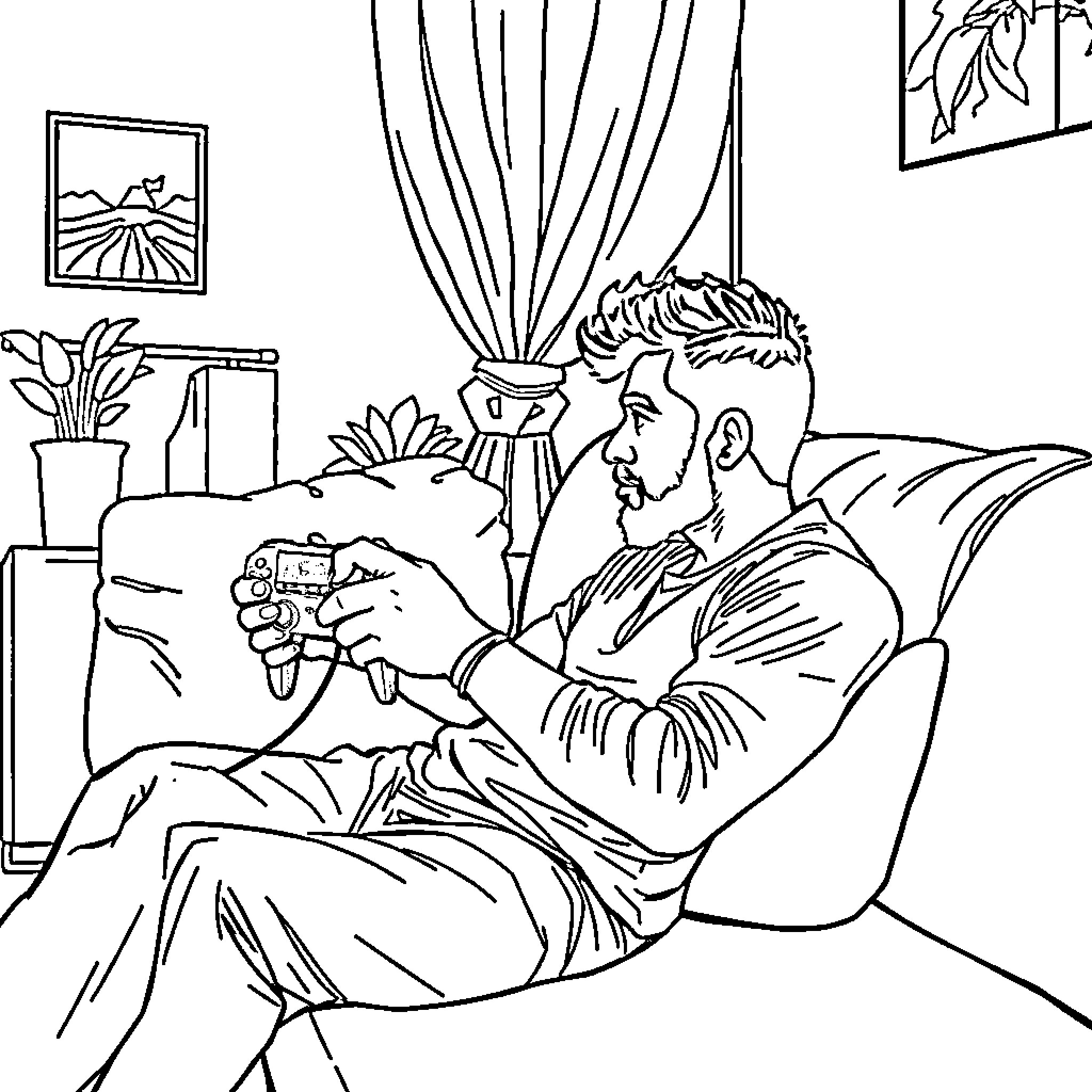 Lamine Yamal relaxing at home watching television Coloring Page (free black-and-white line drawing printable PDF for all, from beginners to advanced learners, including children, teens, adults, and seniors)