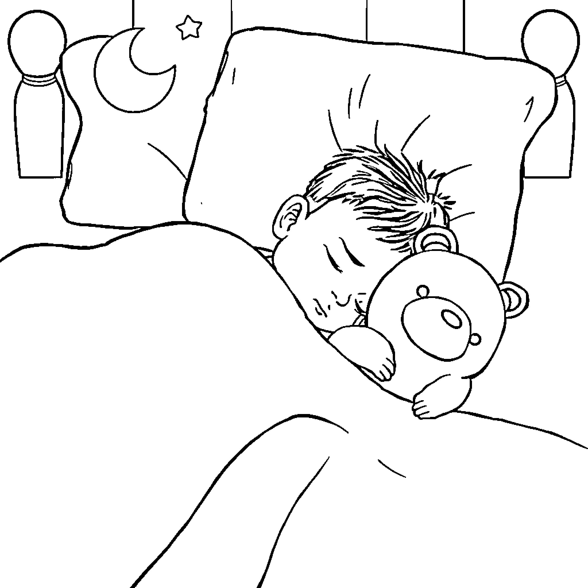 Niño durmiendo con su peluche Coloring Page (free black-and-white line drawing printable PDF for all, from beginners to advanced learners, including children, teens, adults, and seniors)
