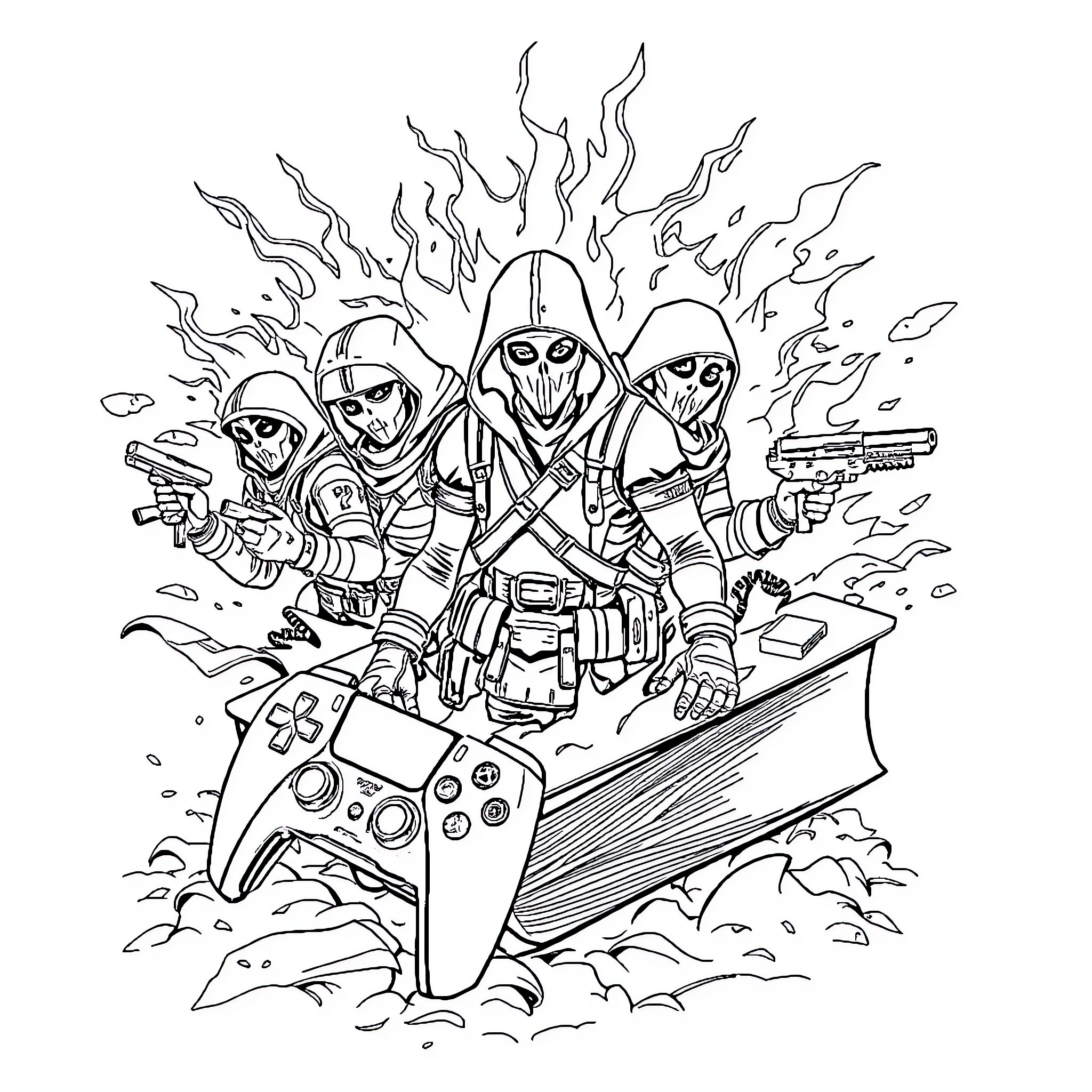Fortnite Characters Engage in Intense Battle Coloring Page (free black-and-white line drawing printable PDF for all, from beginners to advanced learners, including children, teens, adults, and seniors)