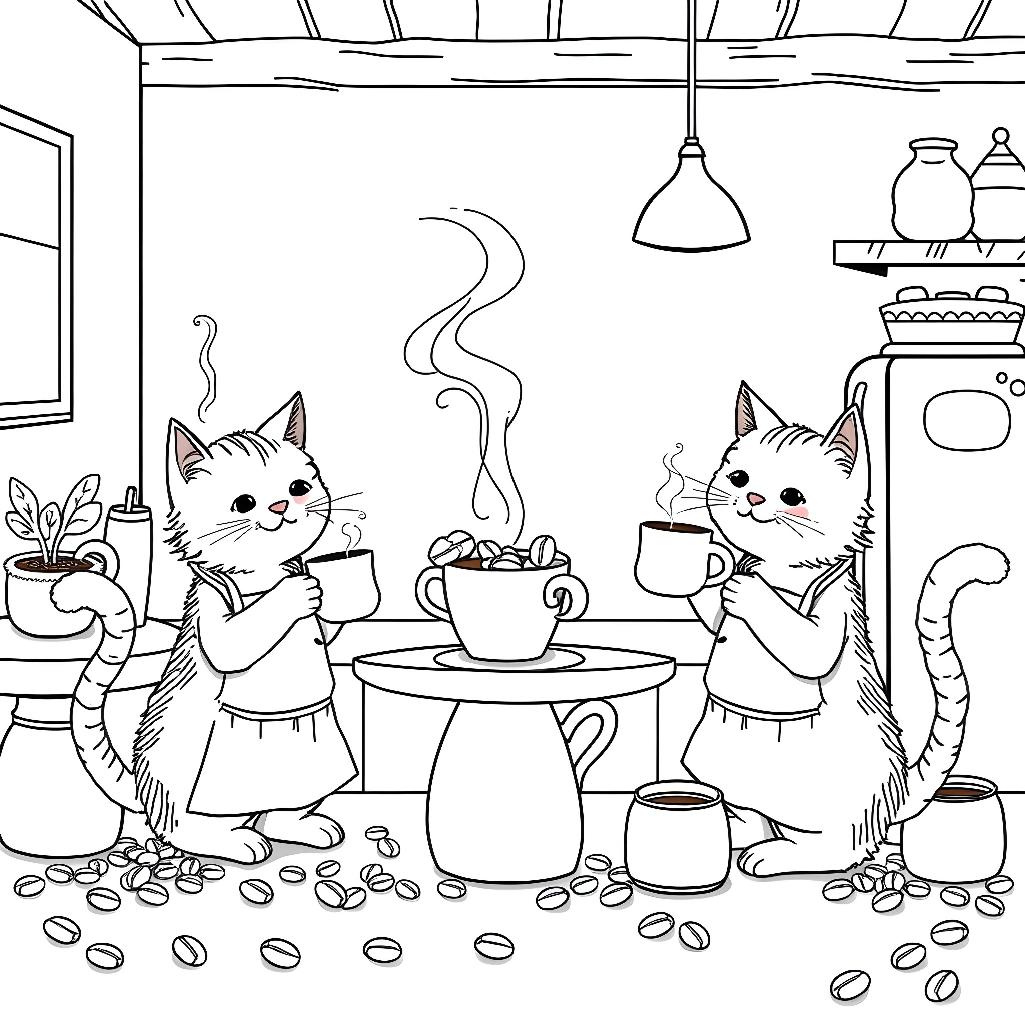 Cat Enjoying a Cup of Coffee in the Kitchen Coloring Page (free black-and-white line drawing printable PDF for all, from beginners to advanced learners, including children, teens, adults, and seniors)