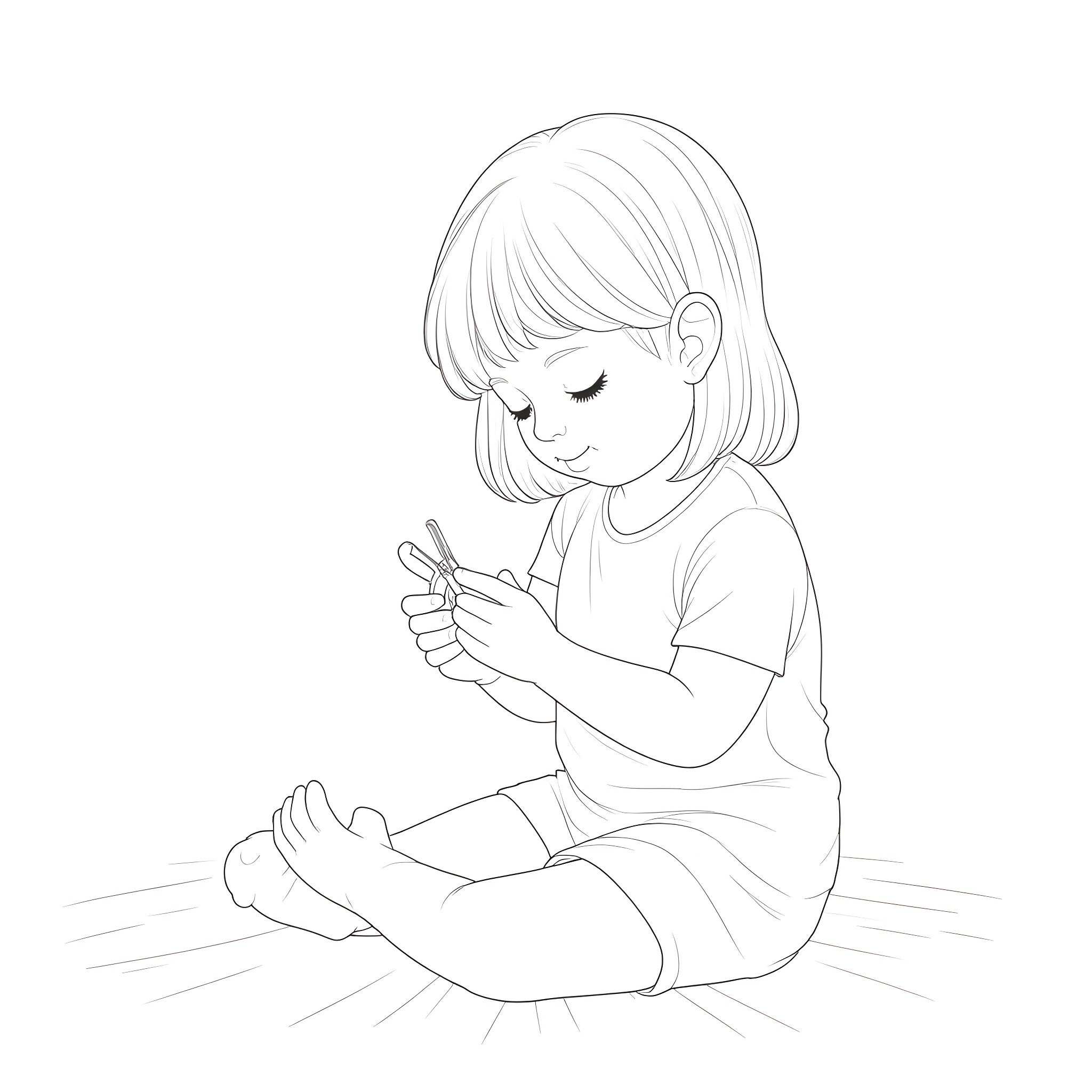Girl enjoying a snack while sitting on the floor Coloring Page (free black-and-white line drawing printable PDF for all, from beginners to advanced learners, including children, teens, adults, and seniors)