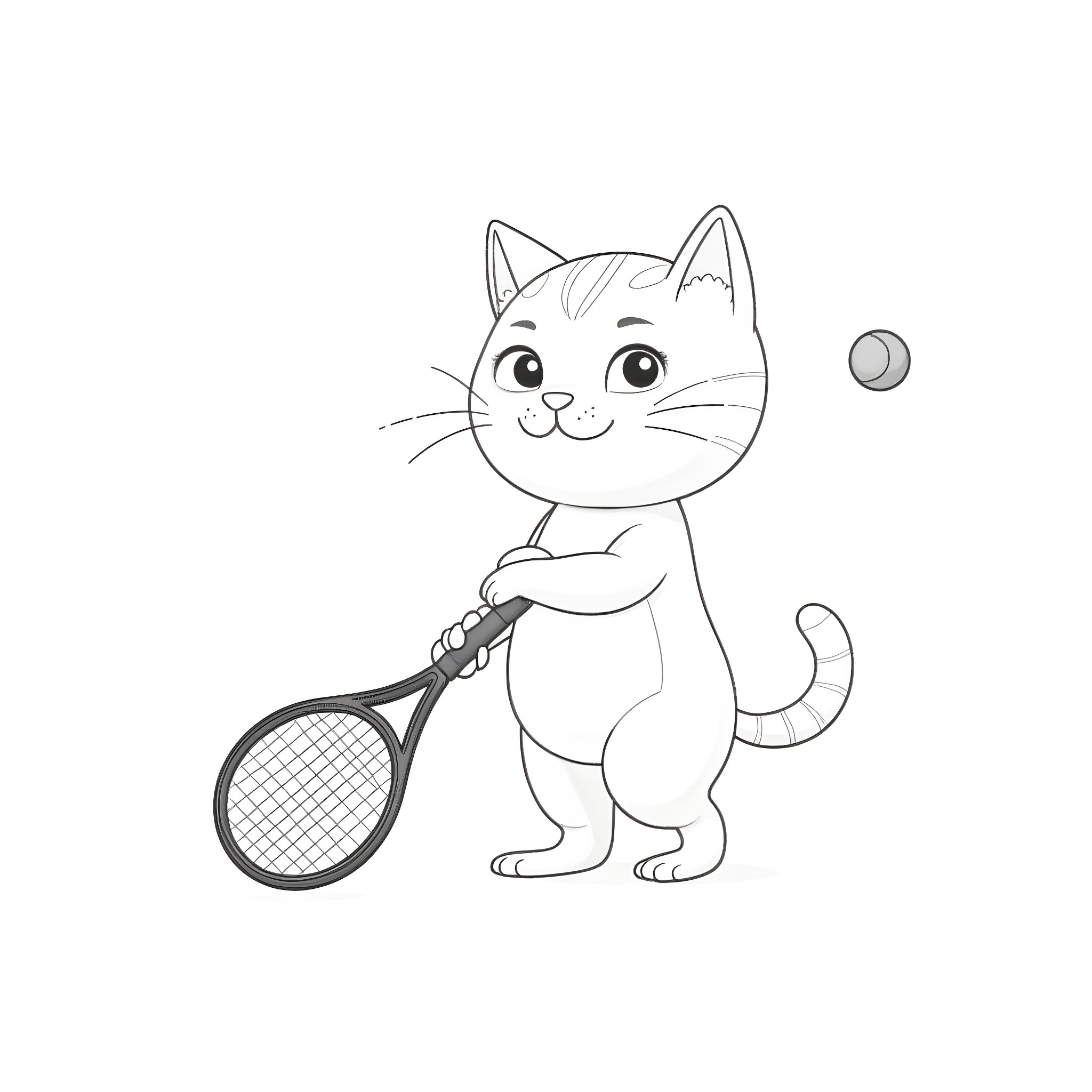 Cat playing with tennis ball Coloring Page (free black-and-white line drawing printable PDF for all, from beginners to advanced learners, including children, teens, adults, and seniors)