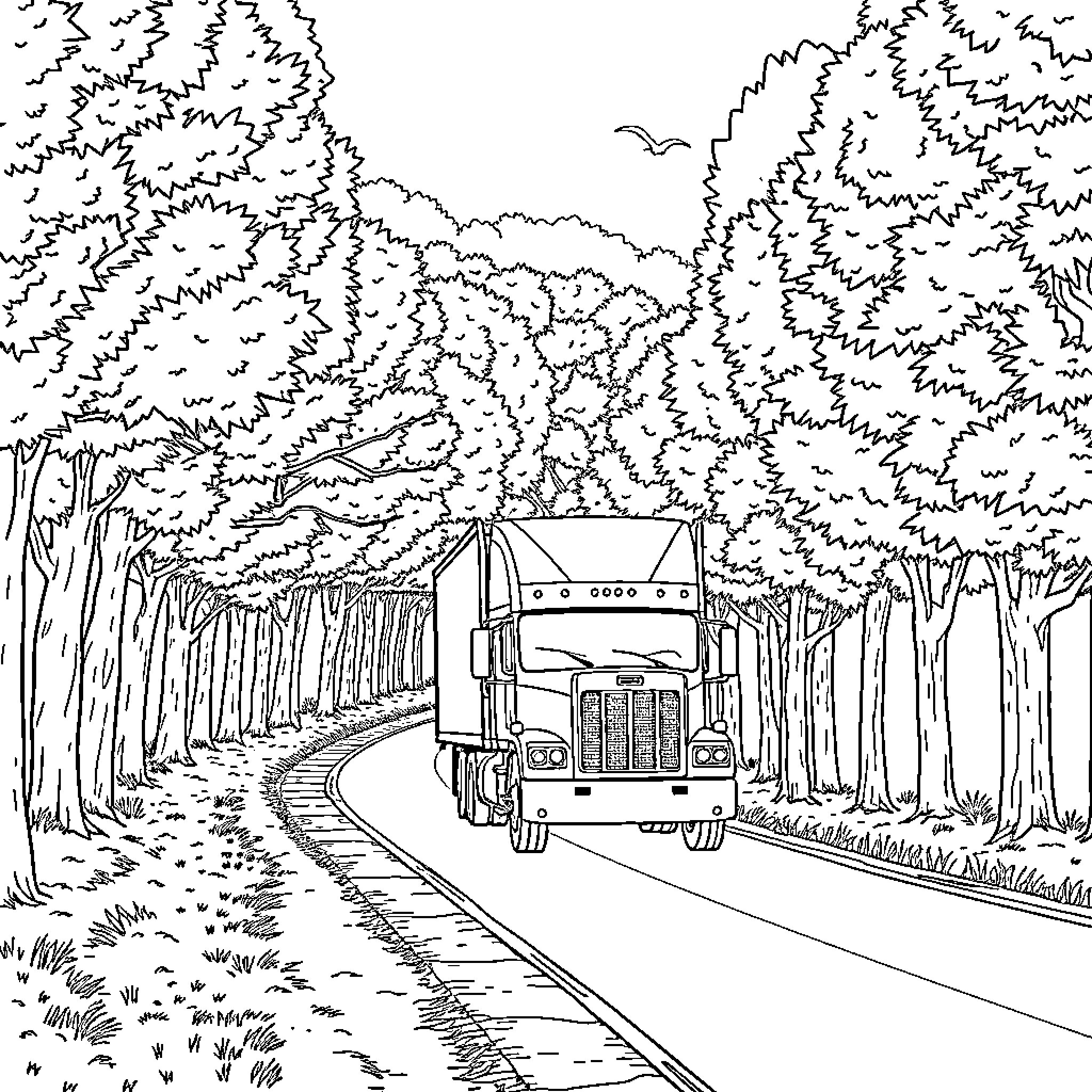 Camion traversing the wooded countryside Coloring Page (free black-and-white line drawing printable PDF for all, from beginners to advanced learners, including children, teens, adults, and seniors)