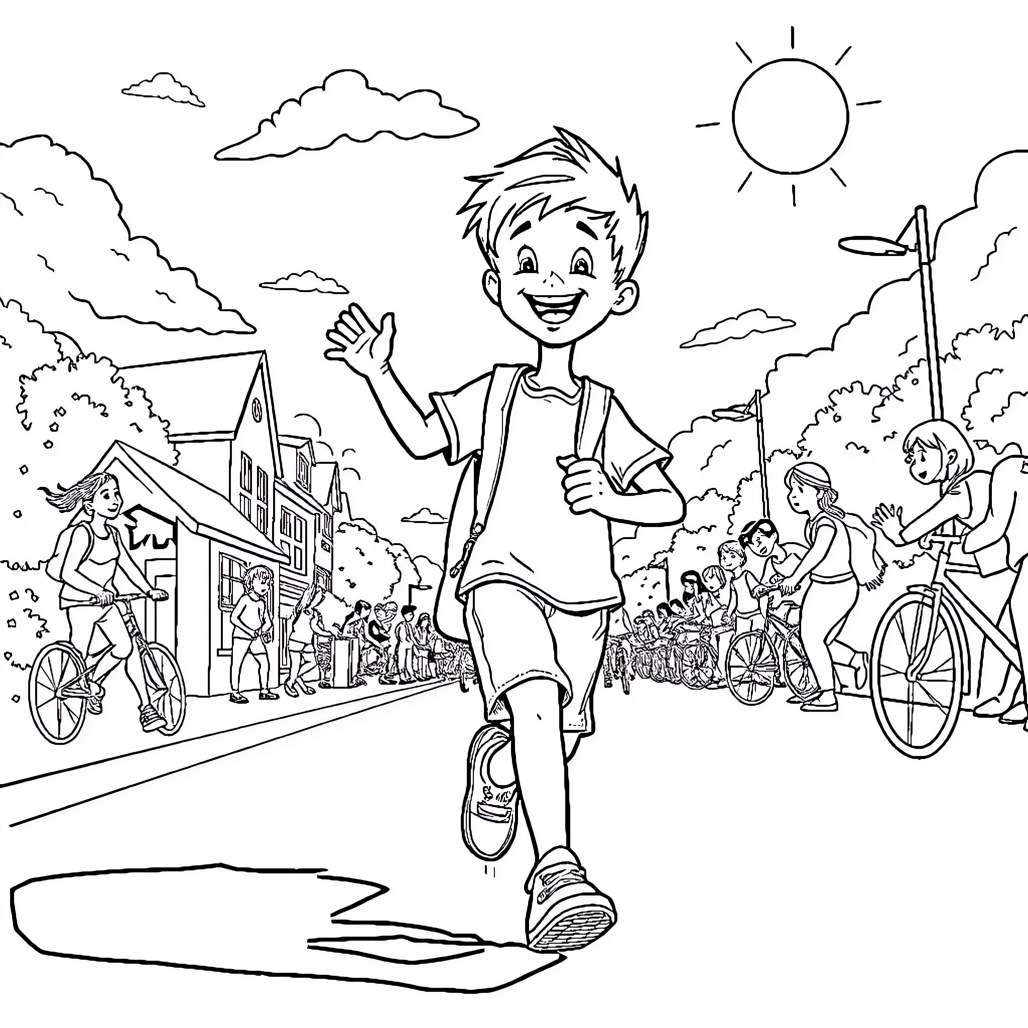 Child happily playing and exploring in the town Coloring Page (free black-and-white line drawing printable PDF for all, from beginners to advanced learners, including children, teens, adults, and seniors)