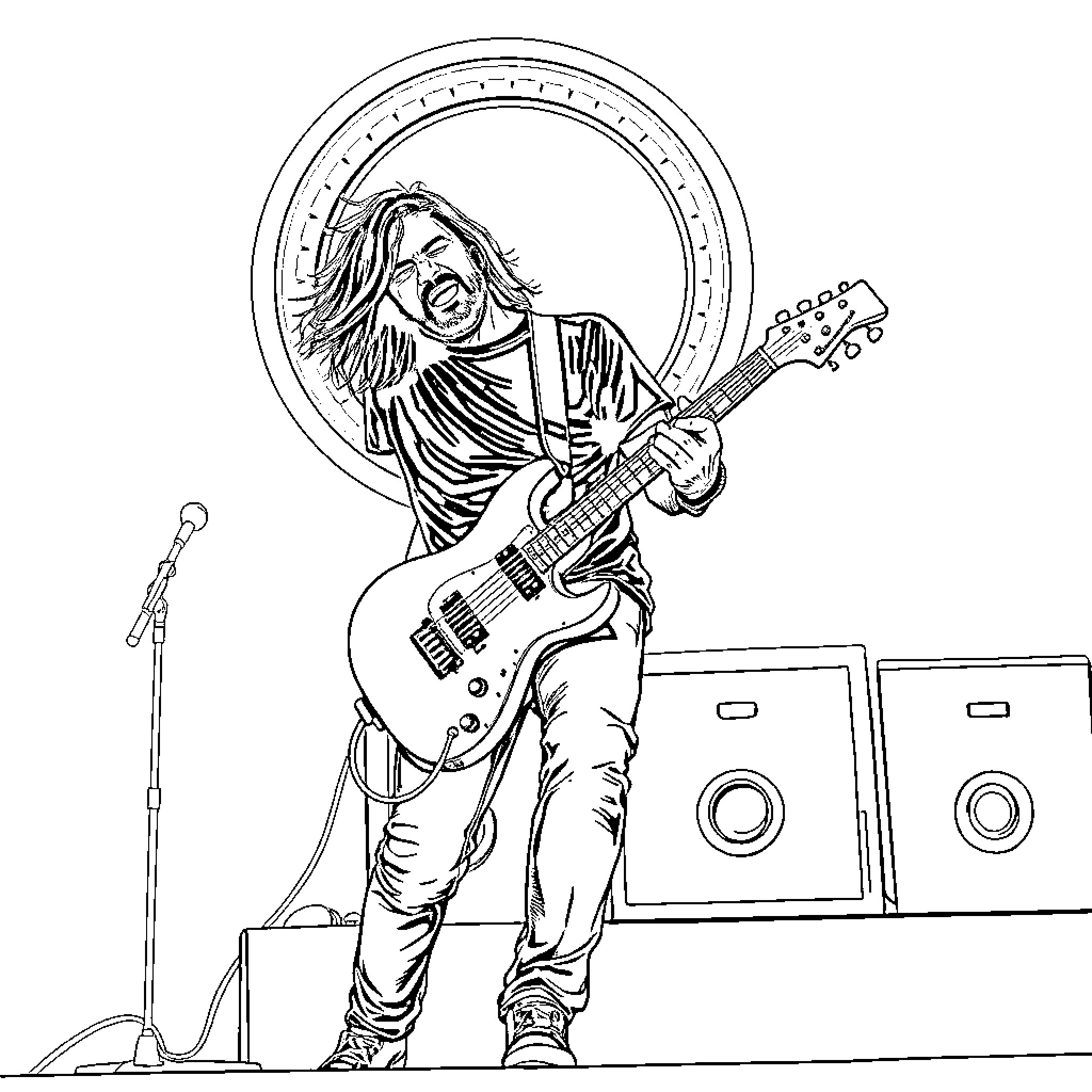 Dave Grohl Rocking Out on Stage with Guitar Coloring Page (free black-and-white line drawing printable PDF for all, from beginners to advanced learners, including children, teens, adults, and seniors)