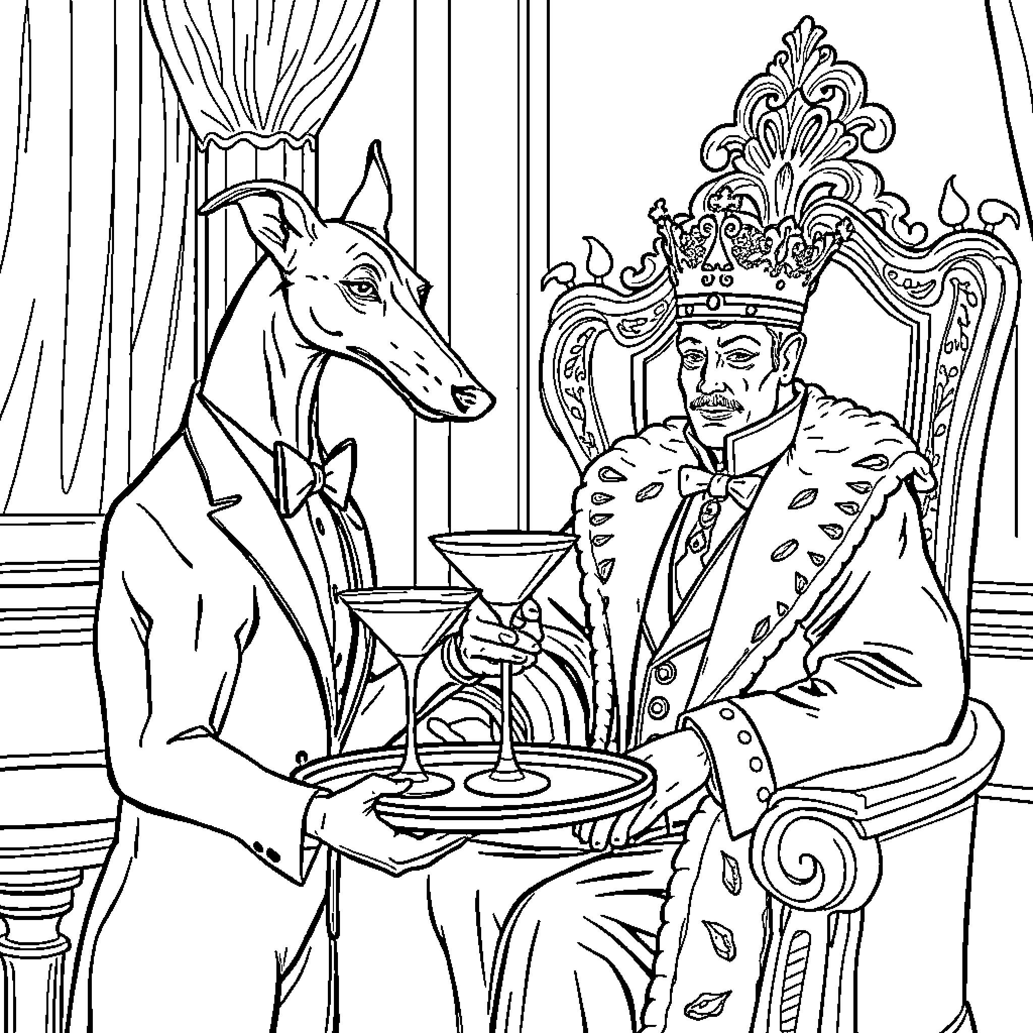 Greyhound serving drinks to a noble lord in a grand palace Coloring Page (free black-and-white line drawing printable PDF for all, from beginners to advanced learners, including children, teens, adults, and seniors)