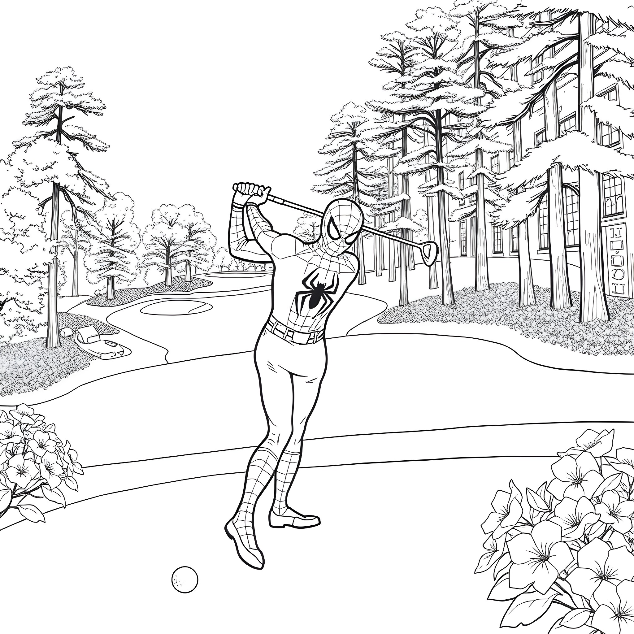 Spiderman swinging through the forest landscape Coloring Page (free black-and-white line drawing printable PDF for all, from beginners to advanced learners, including children, teens, adults, and seniors)