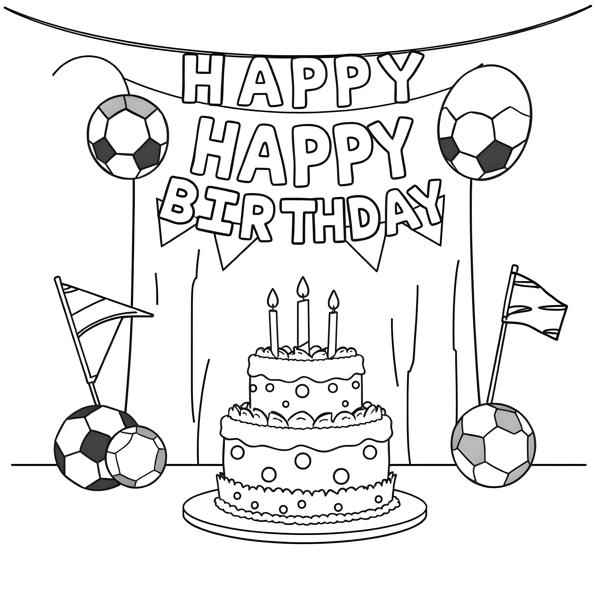 Soccer Boy's Happy Birthday Party Coloring Page (free black-and-white line drawing printable PDF for all, from beginners to advanced learners, including children, teens, adults, and seniors)