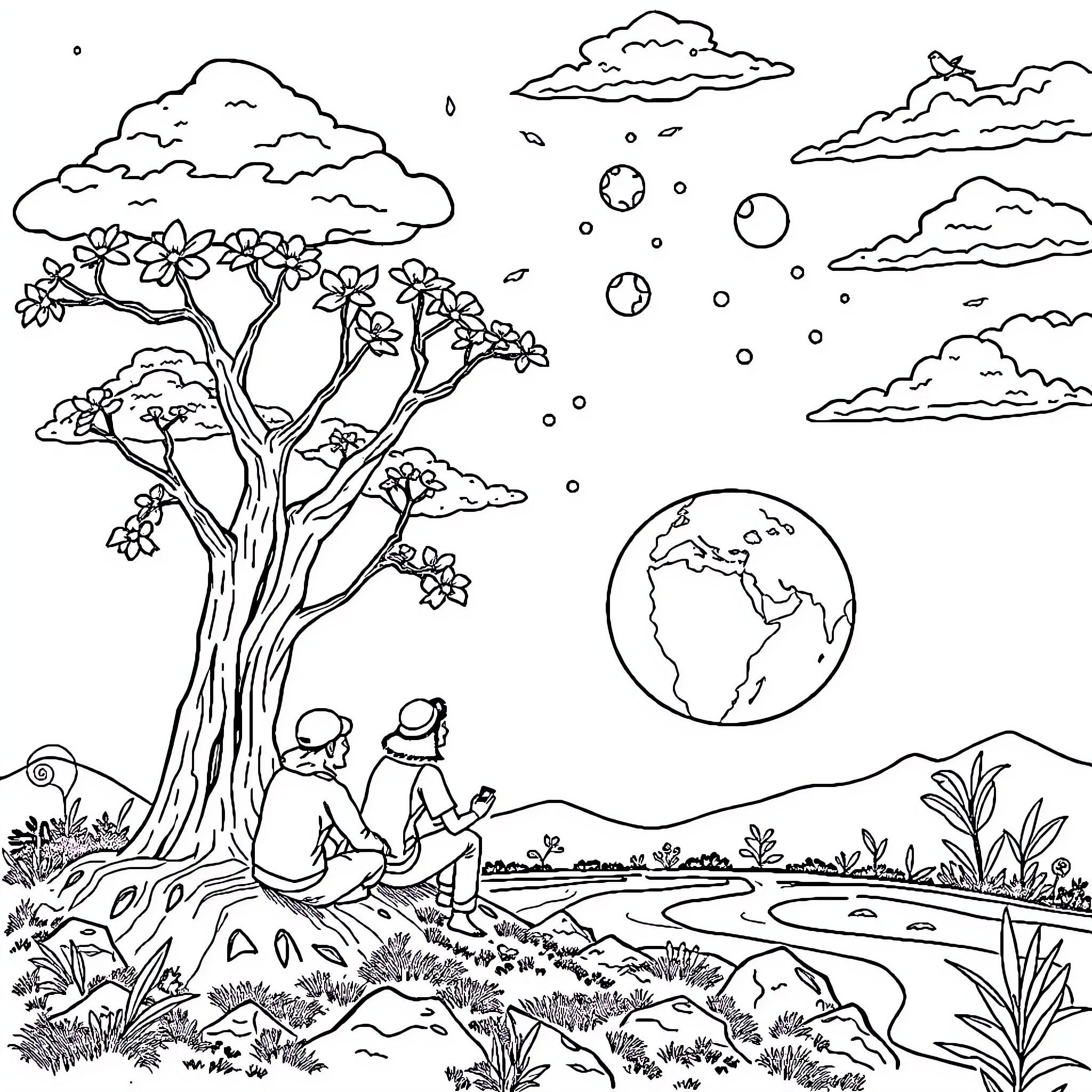 Corrupción de la naturaleza por la humanidad Coloring Page (free black-and-white line drawing printable PDF for all, from beginners to advanced learners, including children, teens, adults, and seniors)