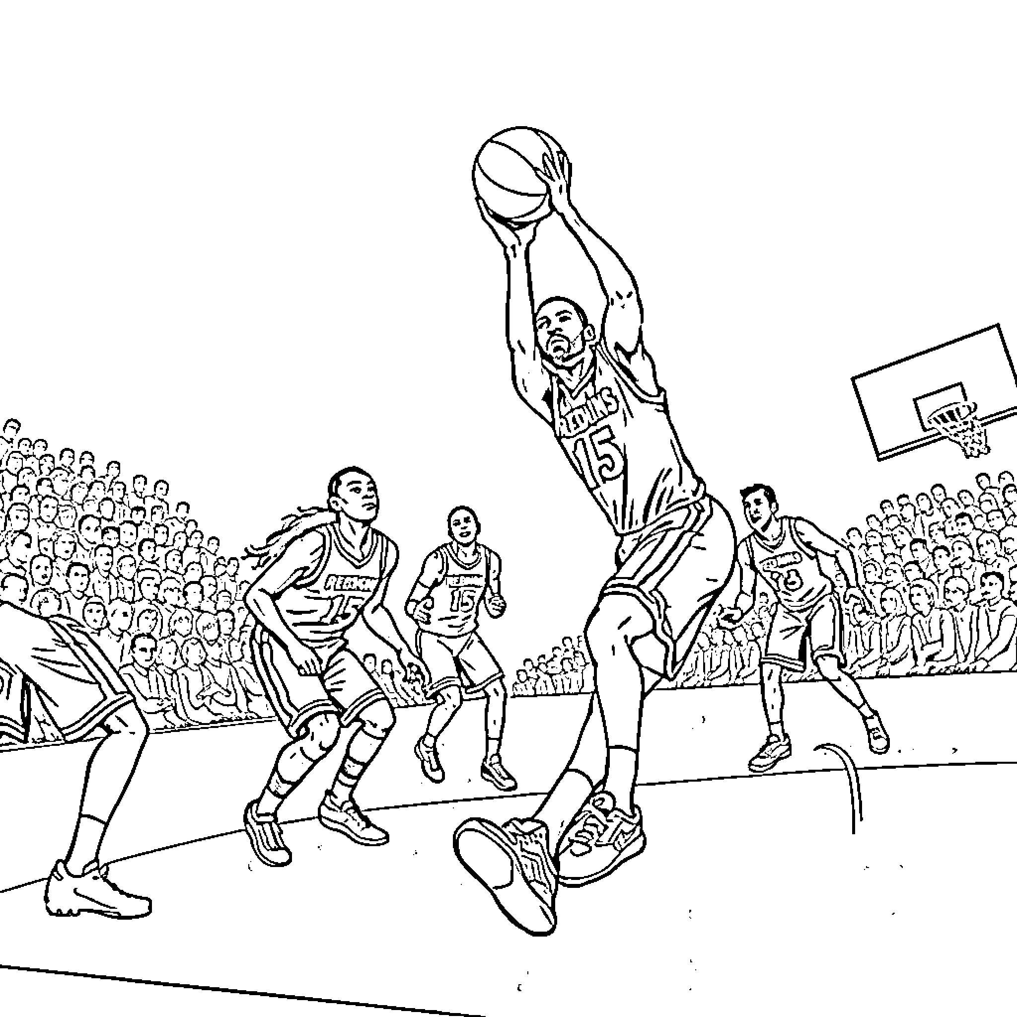 Basketball players competing in an intense game Coloring Page (free black-and-white line drawing printable PDF for all, from beginners to advanced learners, including children, teens, adults, and seniors)