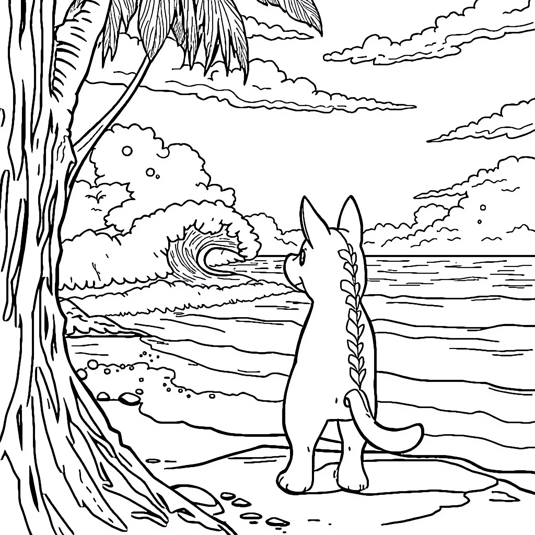 Tchoupi explores the nature landscape Coloring Page (free black-and-white line drawing printable PDF for all, from beginners to advanced learners, including children, teens, adults, and seniors)